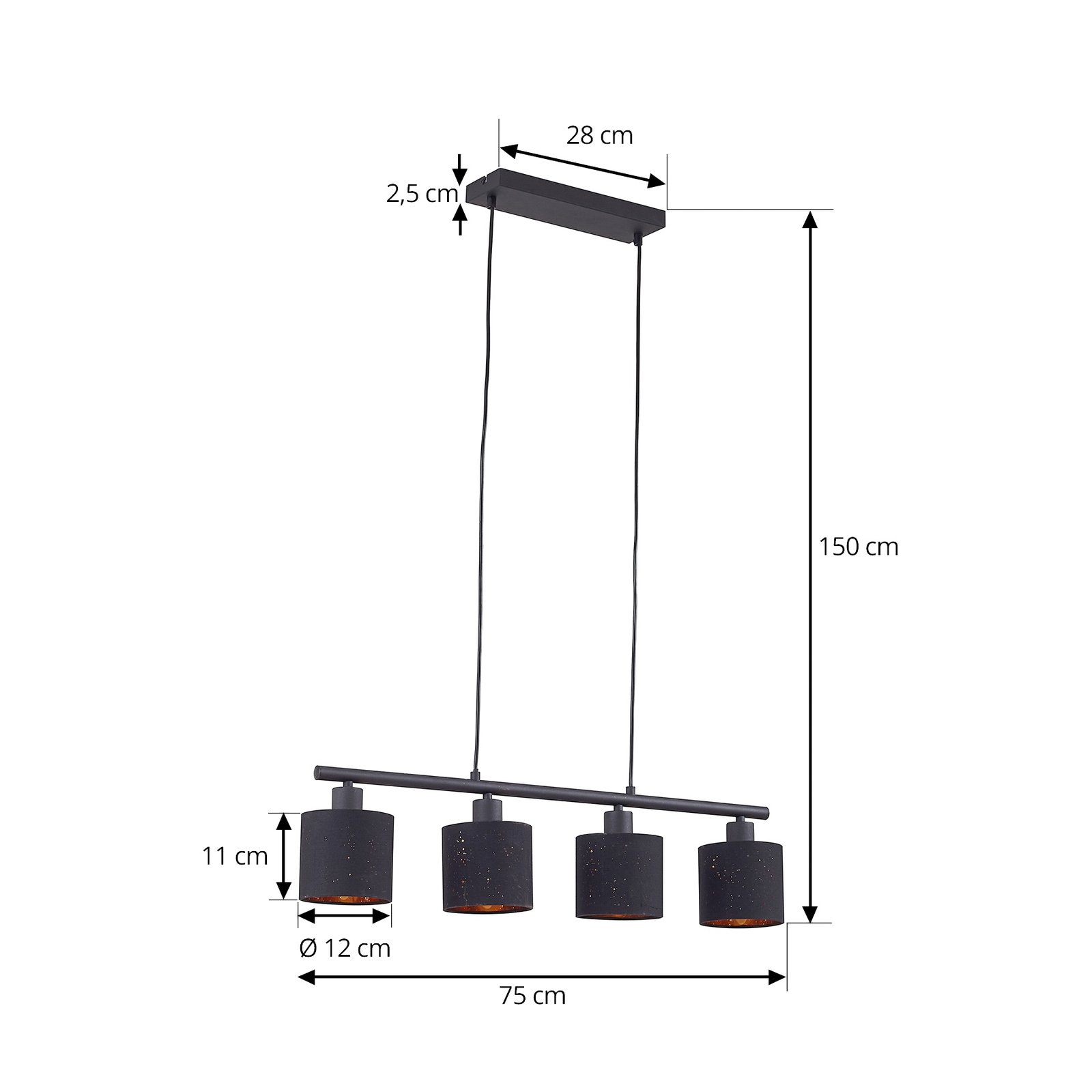 Lindby pendellampe Vasilia, 75 cm, svart/gull, stoff