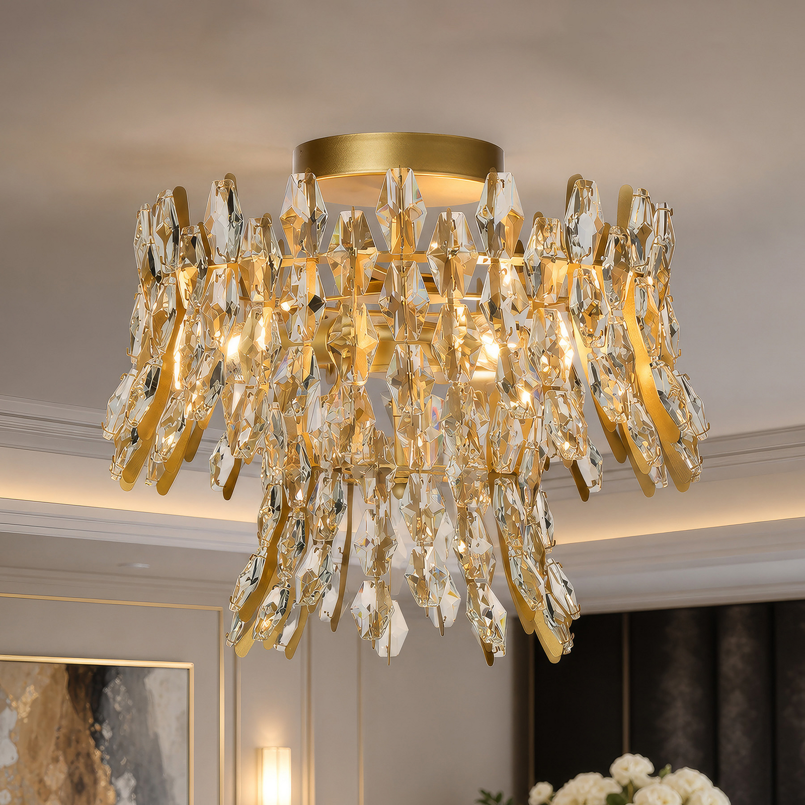 Plafón Monarch, color dorado/transparente, cristal, metal, E14