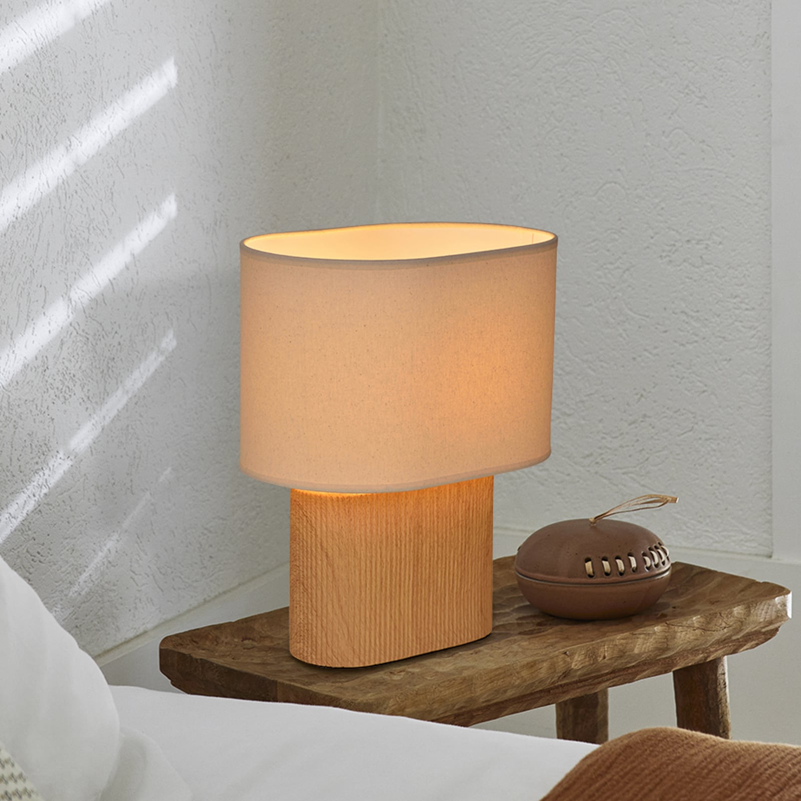 Tischlampe Santorini, holz hell/beige, 38 cm, Leinen/Keramik