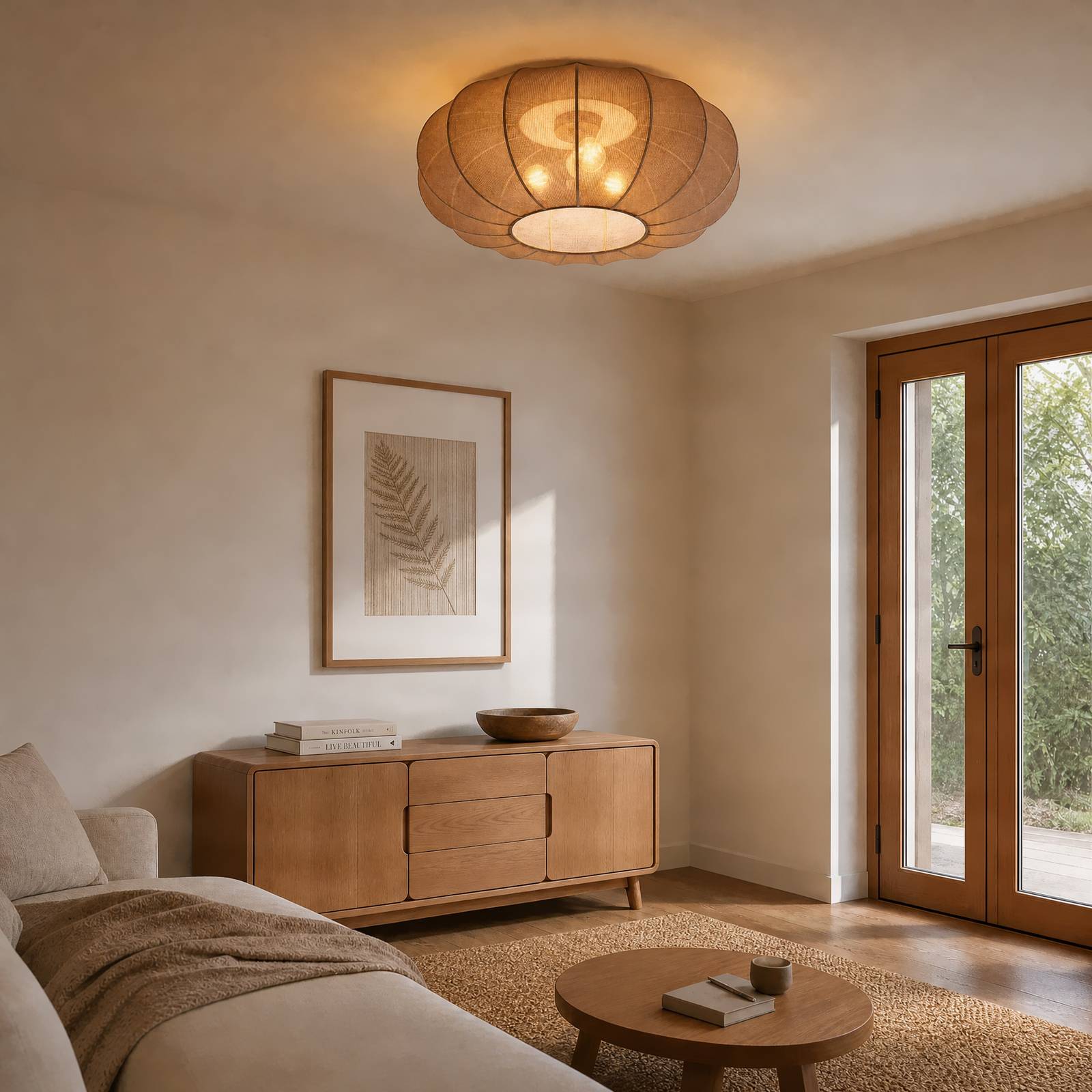 Lindby plafondlamp Helin, bruin, Ø 60 cm, textiel, 3 x E27