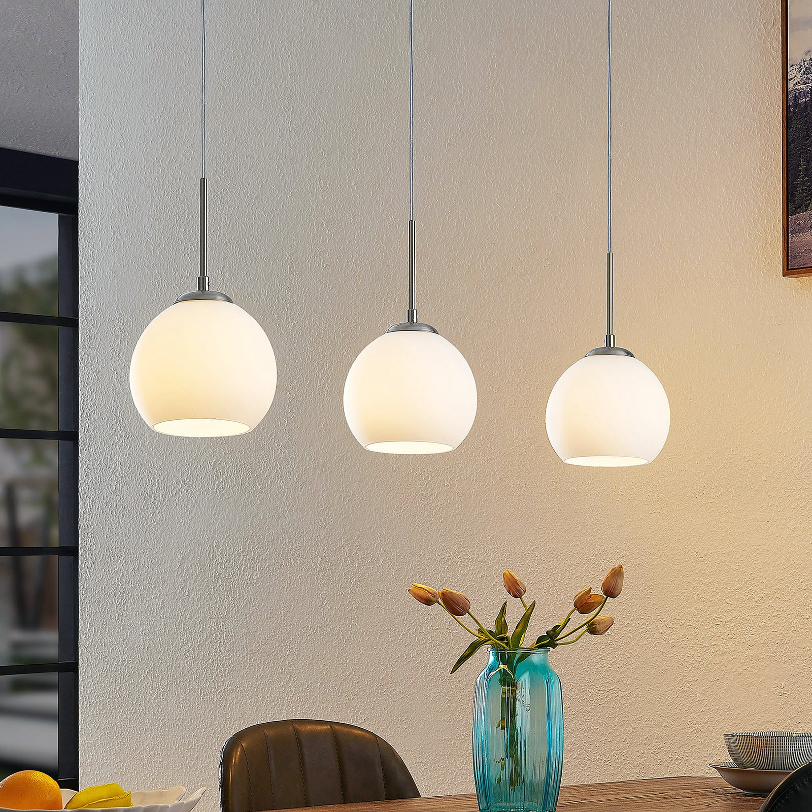 ELC Marlaris pendant light, glass, white, 3-bulb