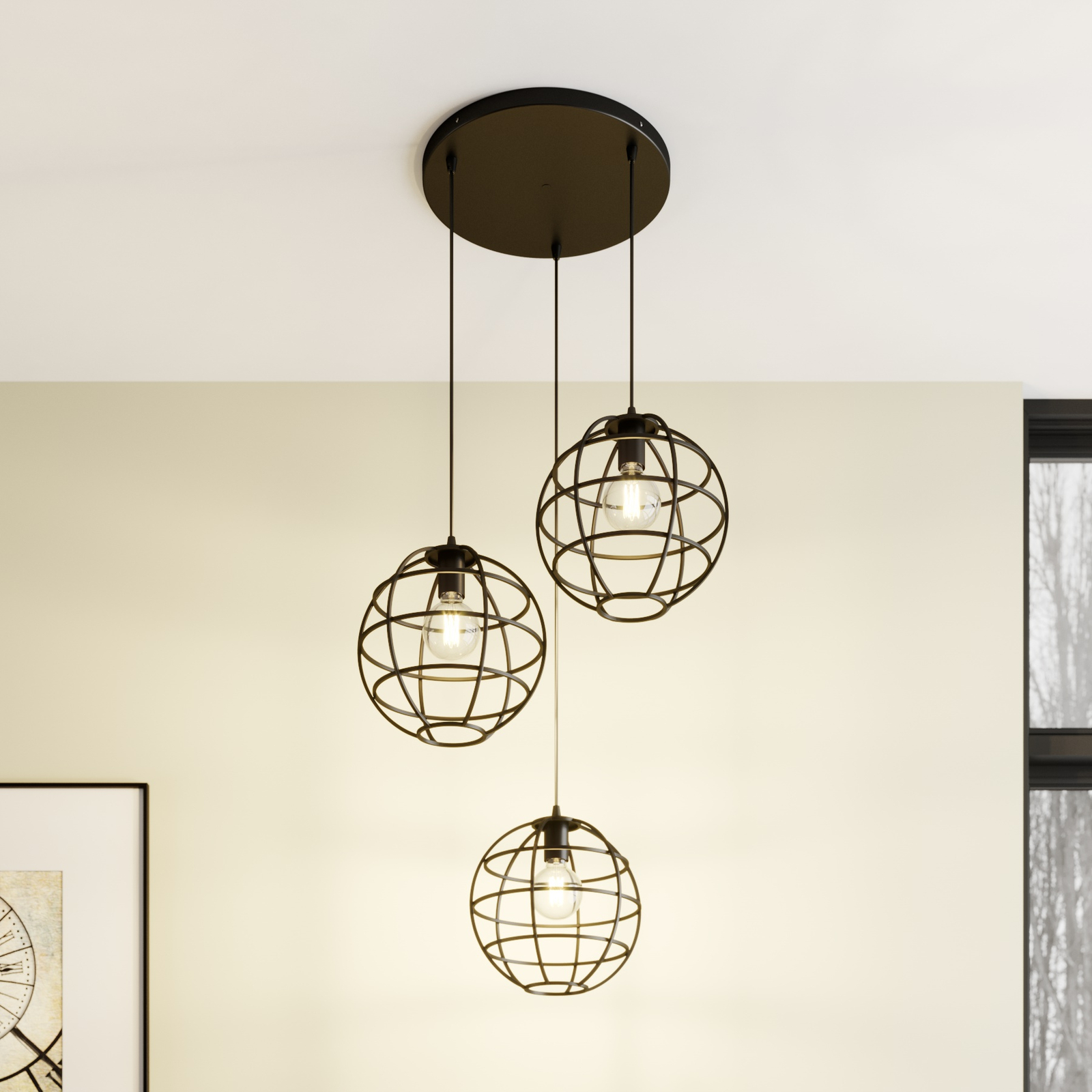 Käfig-Pendelleuchte Bekira, dreiflammig, gebündelt