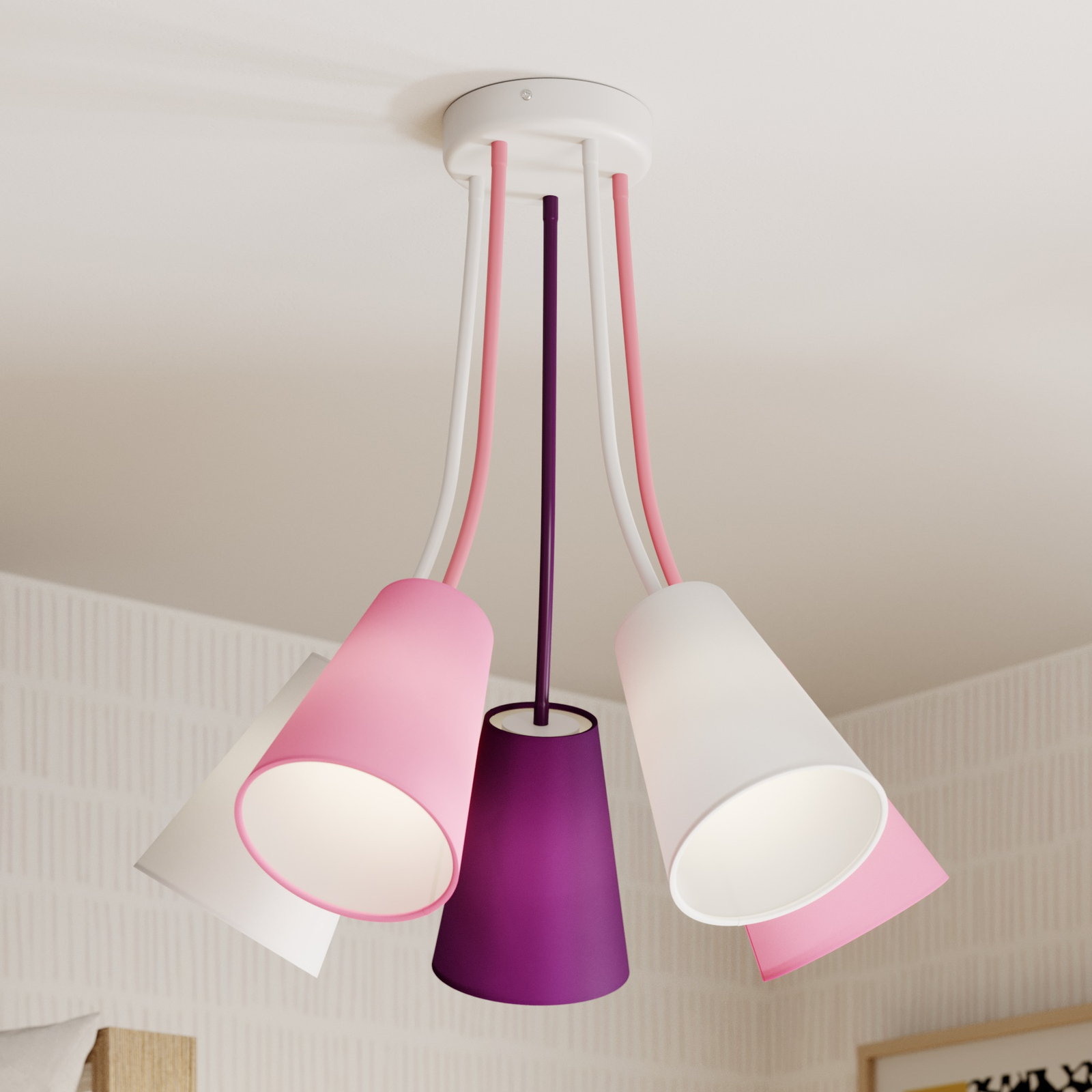 Wire Kids 5-lys loftslampe, hvid/pink/lilla