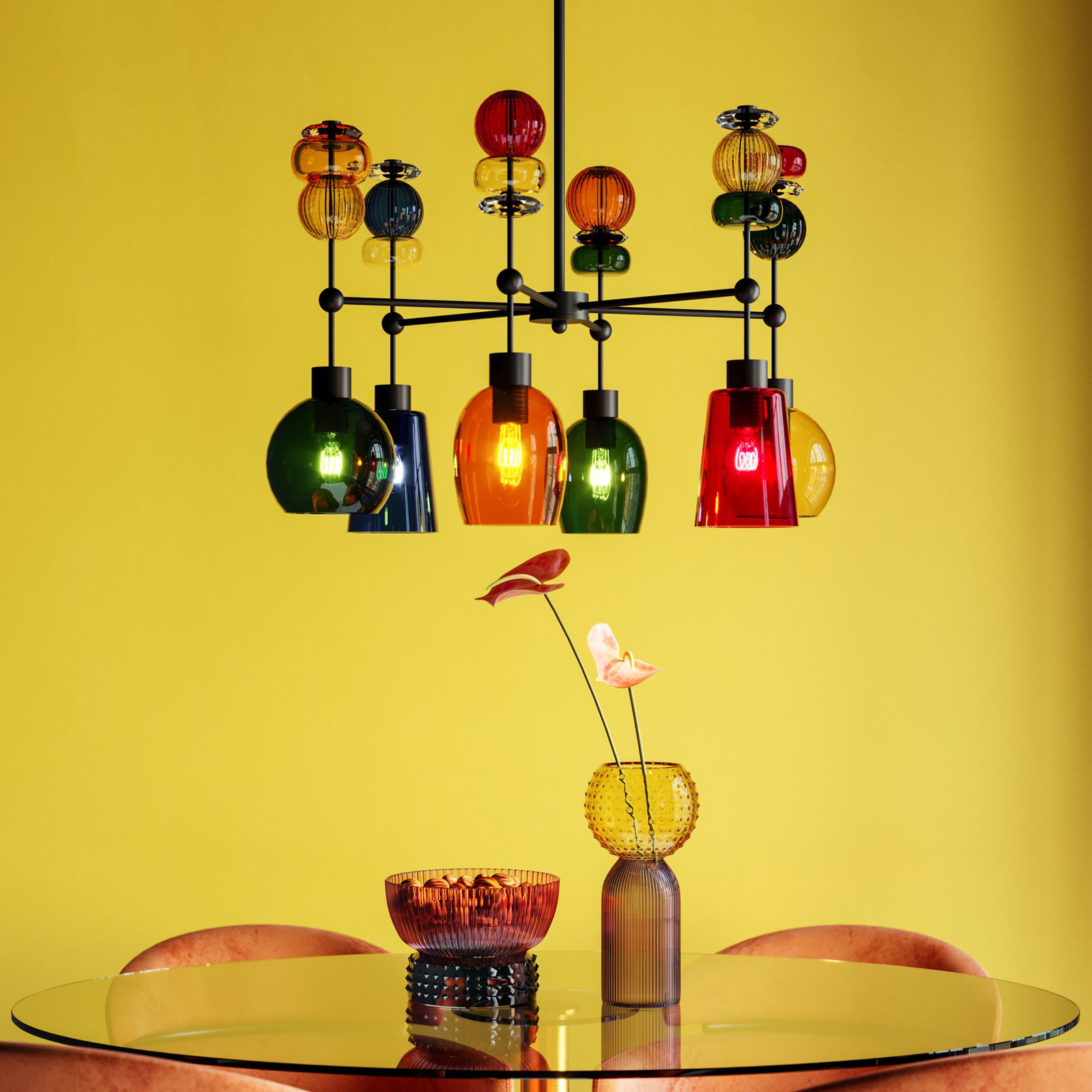 Lampa wisząca Kare Mazzo Sei, szkło multicolor, 6-punktowa