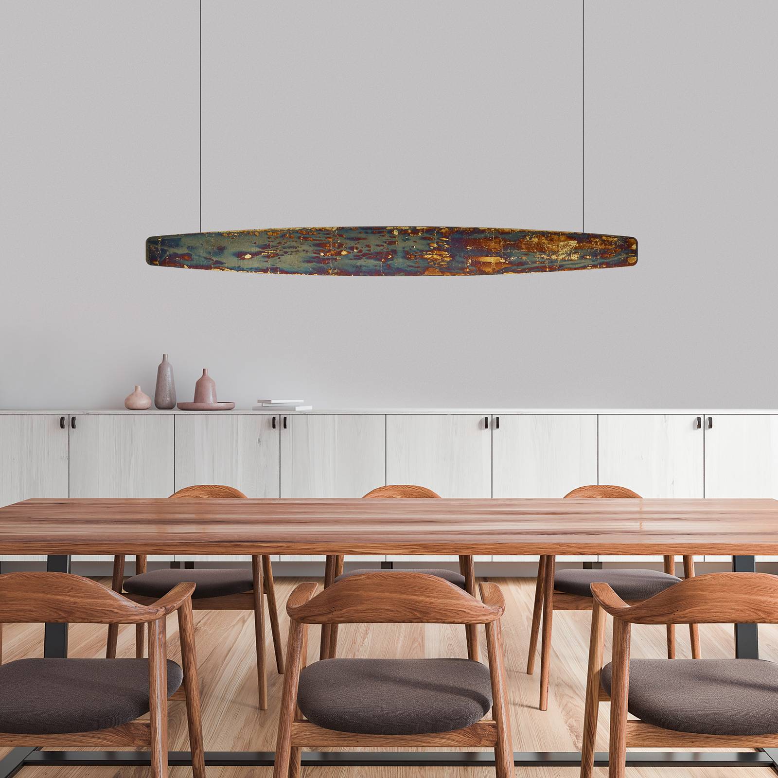 Lampa wisząca LED Quitani Persida, 118 cm, metal udarowy, złoty