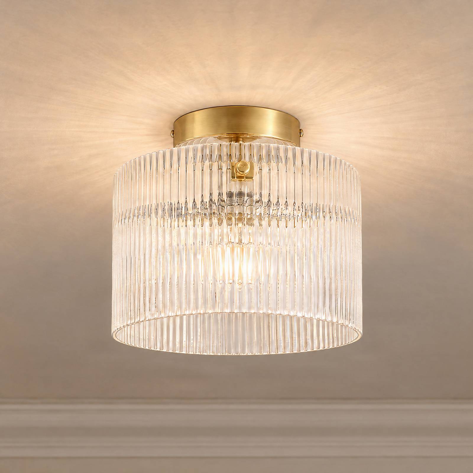 Lucande taklampe Meritt, messing/klar, Ø 25 cm, glass