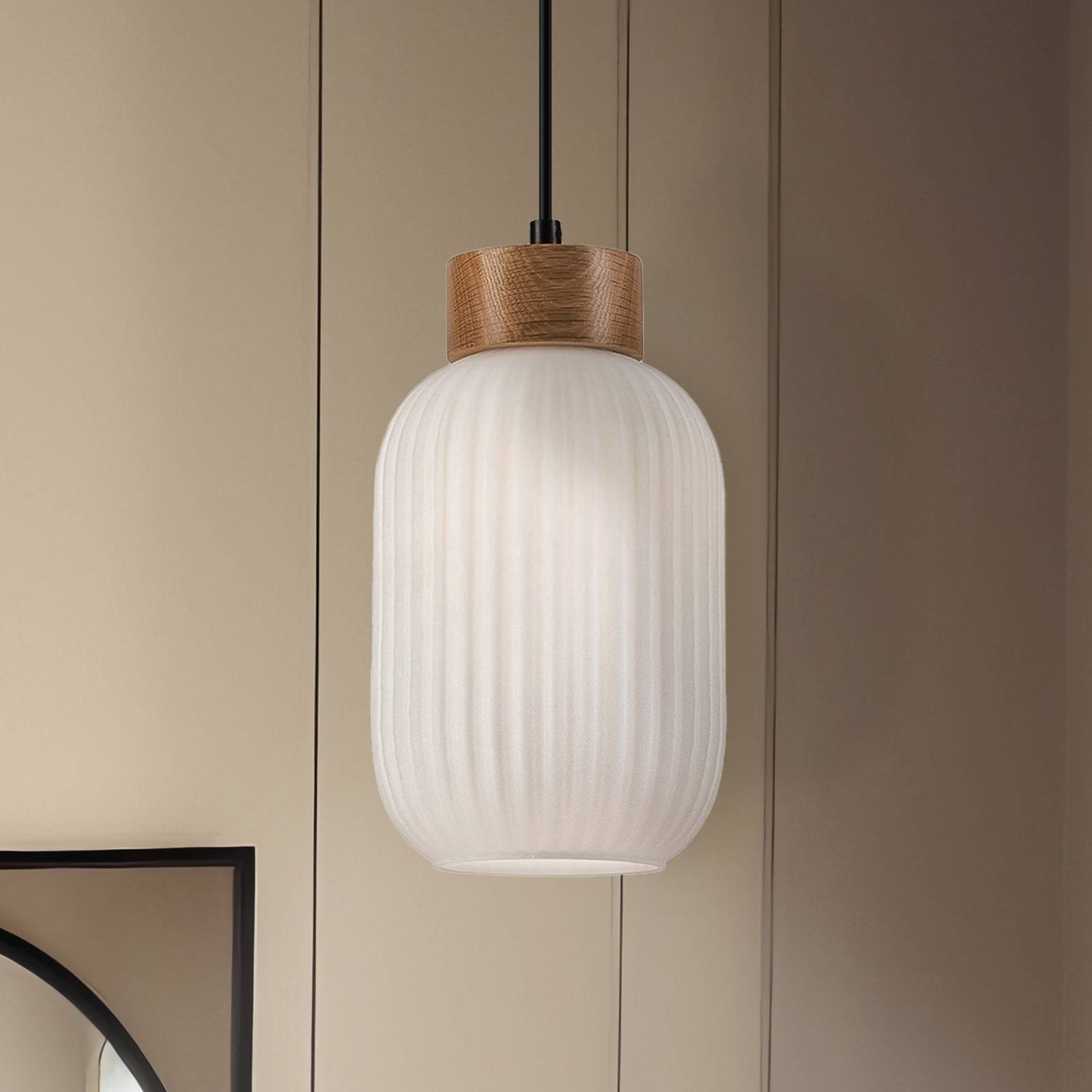 Żyrandol Harmony, Ø 14 cm, biały/dąb, szkło/drewno