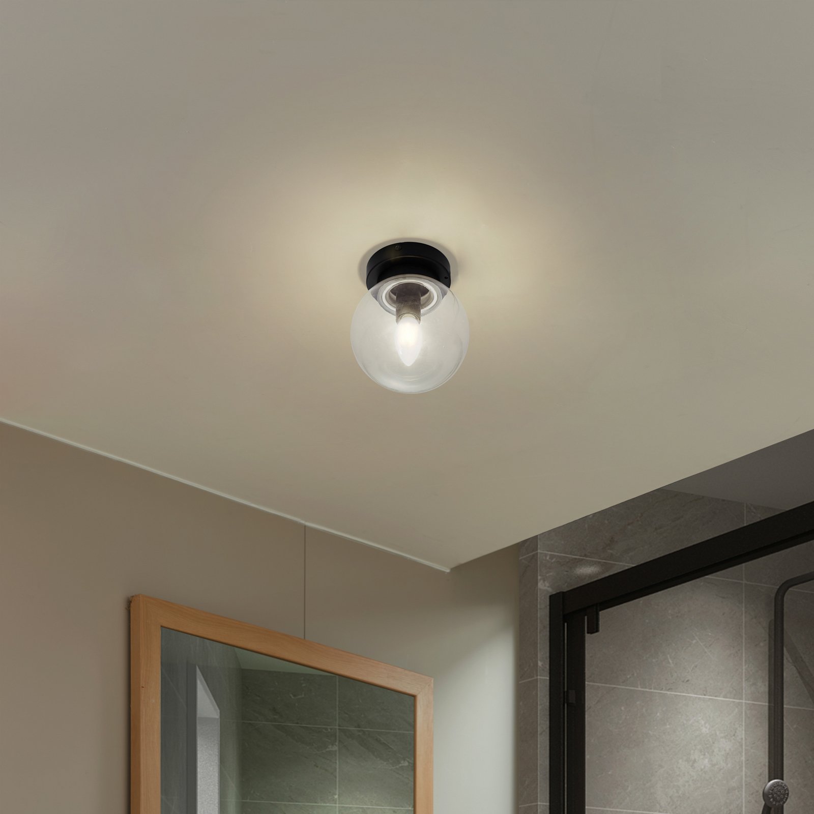 Lucande Badolo ceiling light, black, glass, Ø 15 cm, IP44