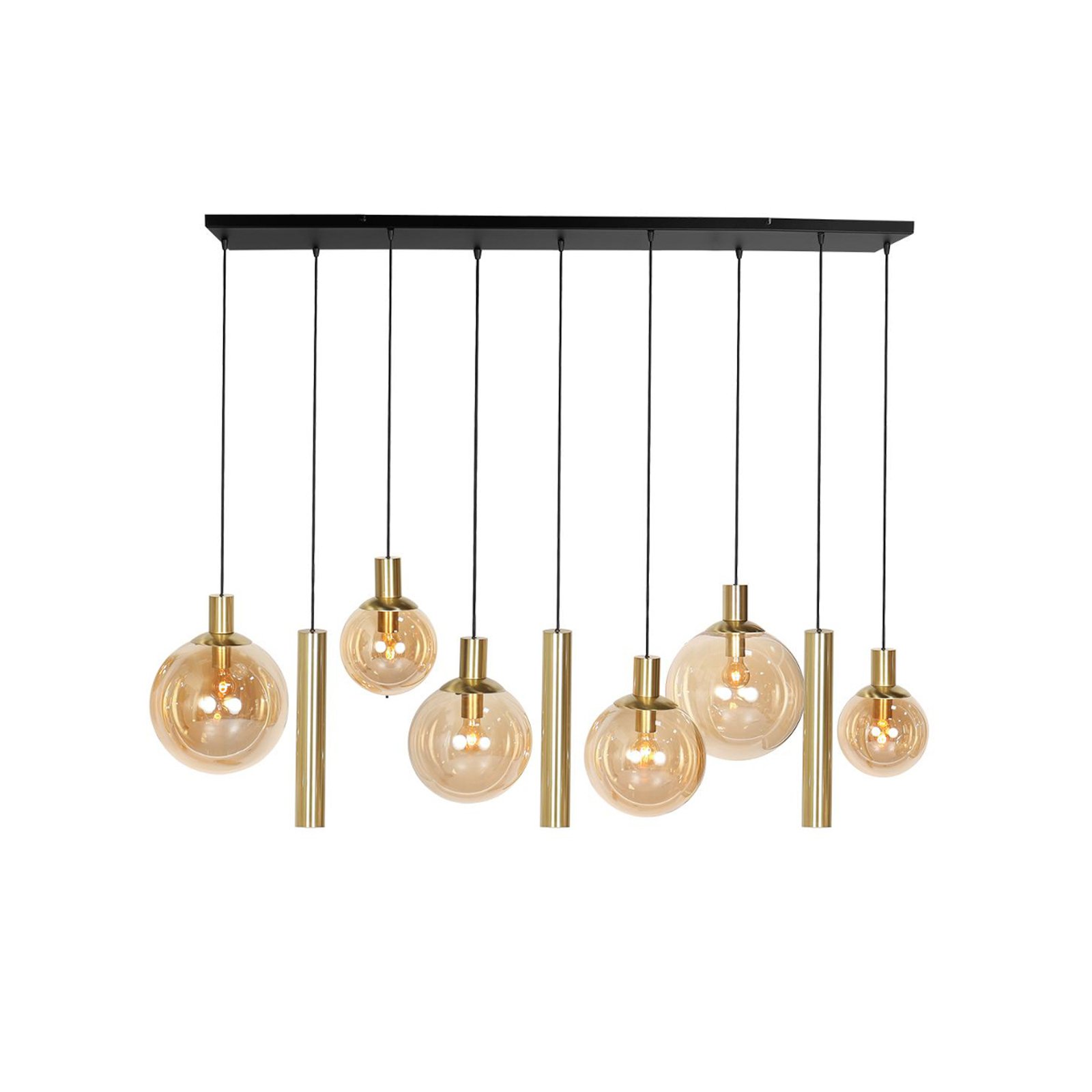 Suspension Bollique, laiton, 9 lampes long, verre, métal