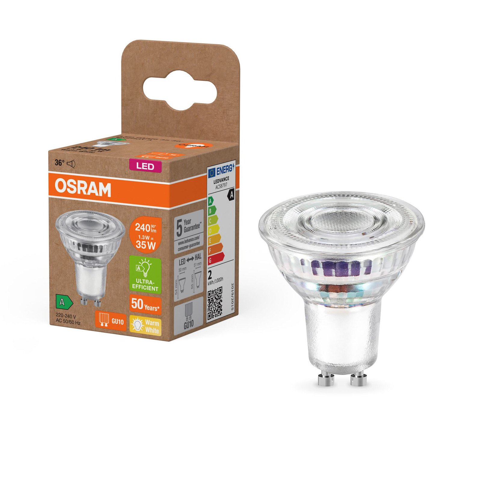 Source lumineuse LED OSRAM PAR16 réflecteur GU10 1,3W 36° 2.700K