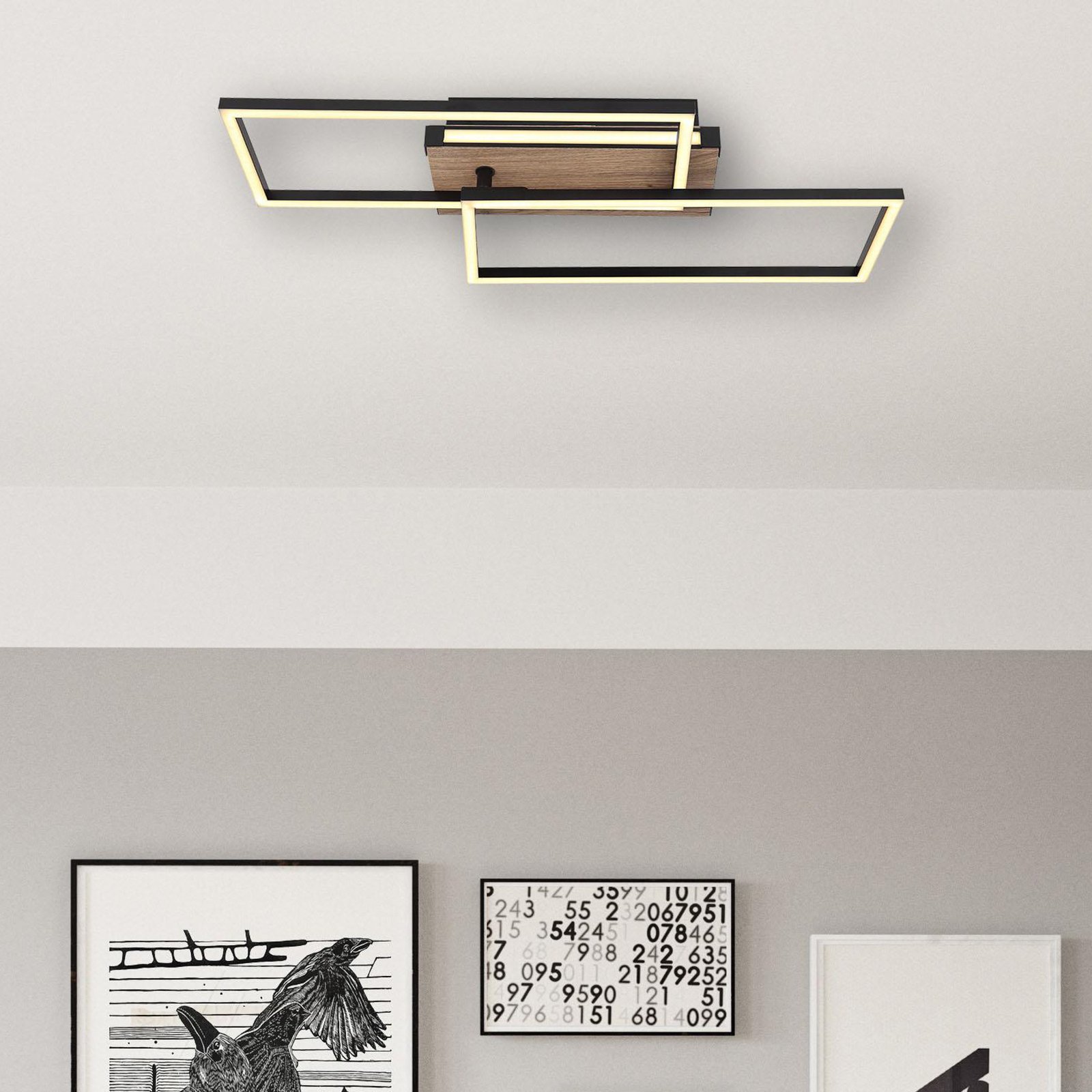 Plafón LED Colli, anchura 49 cm, madera oscura, madera