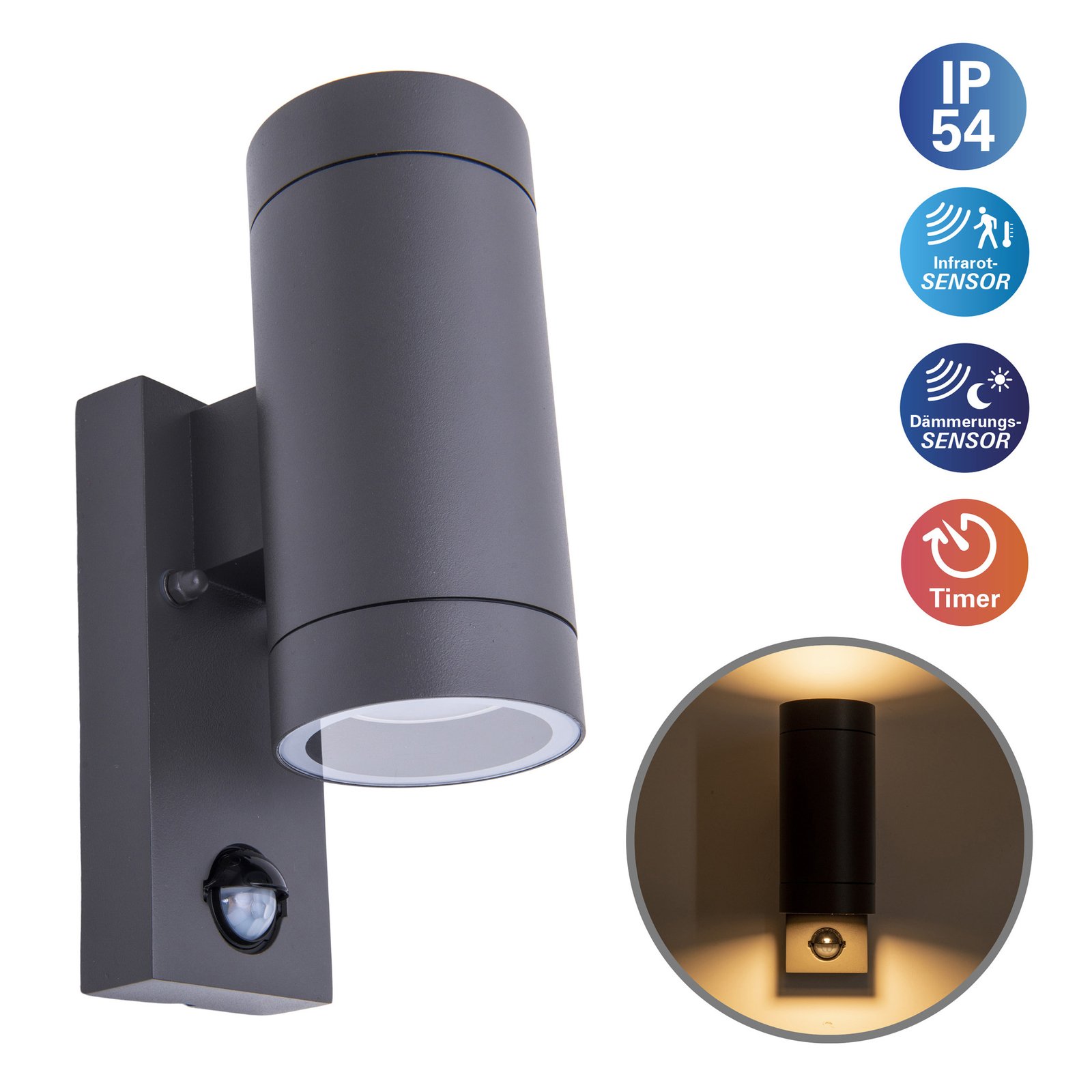 Rombe outdoor wall light with a sensor, 2-bulb