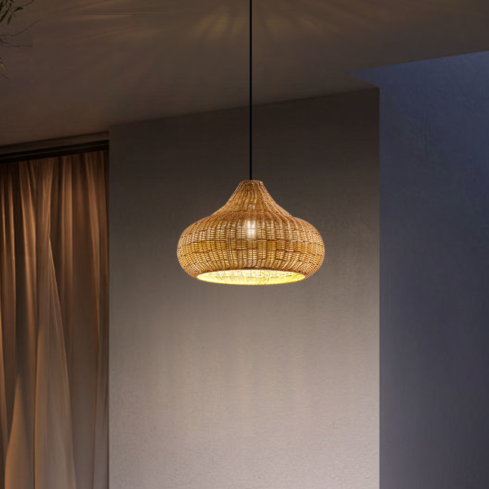 Lucande buiten hanglamp Taniola, 1-lamp, beige, rotan