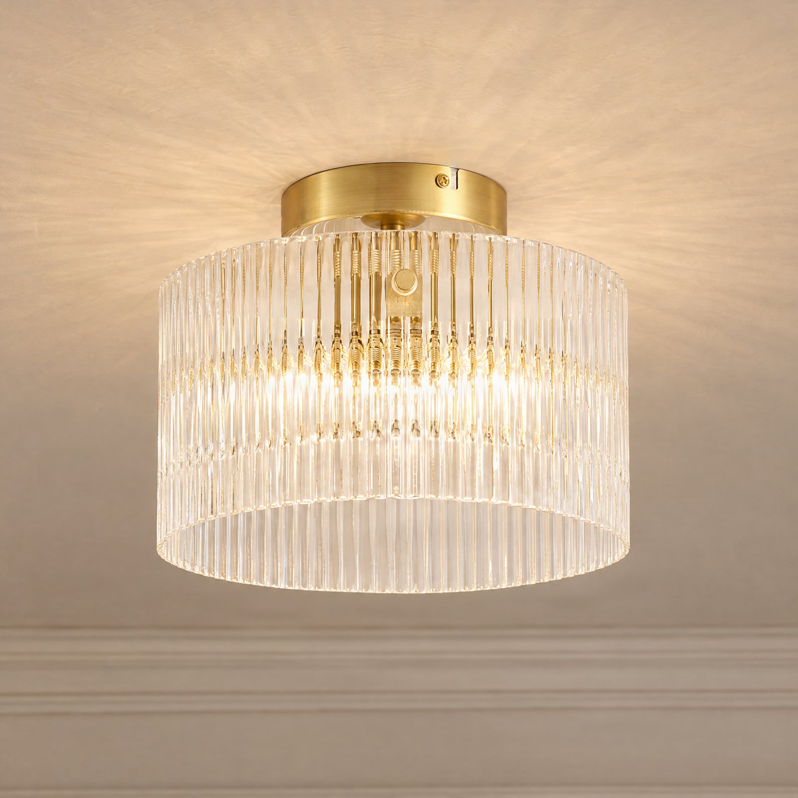 Lucande taklampe Meritt, messing/klar, Ø 25 cm, glass