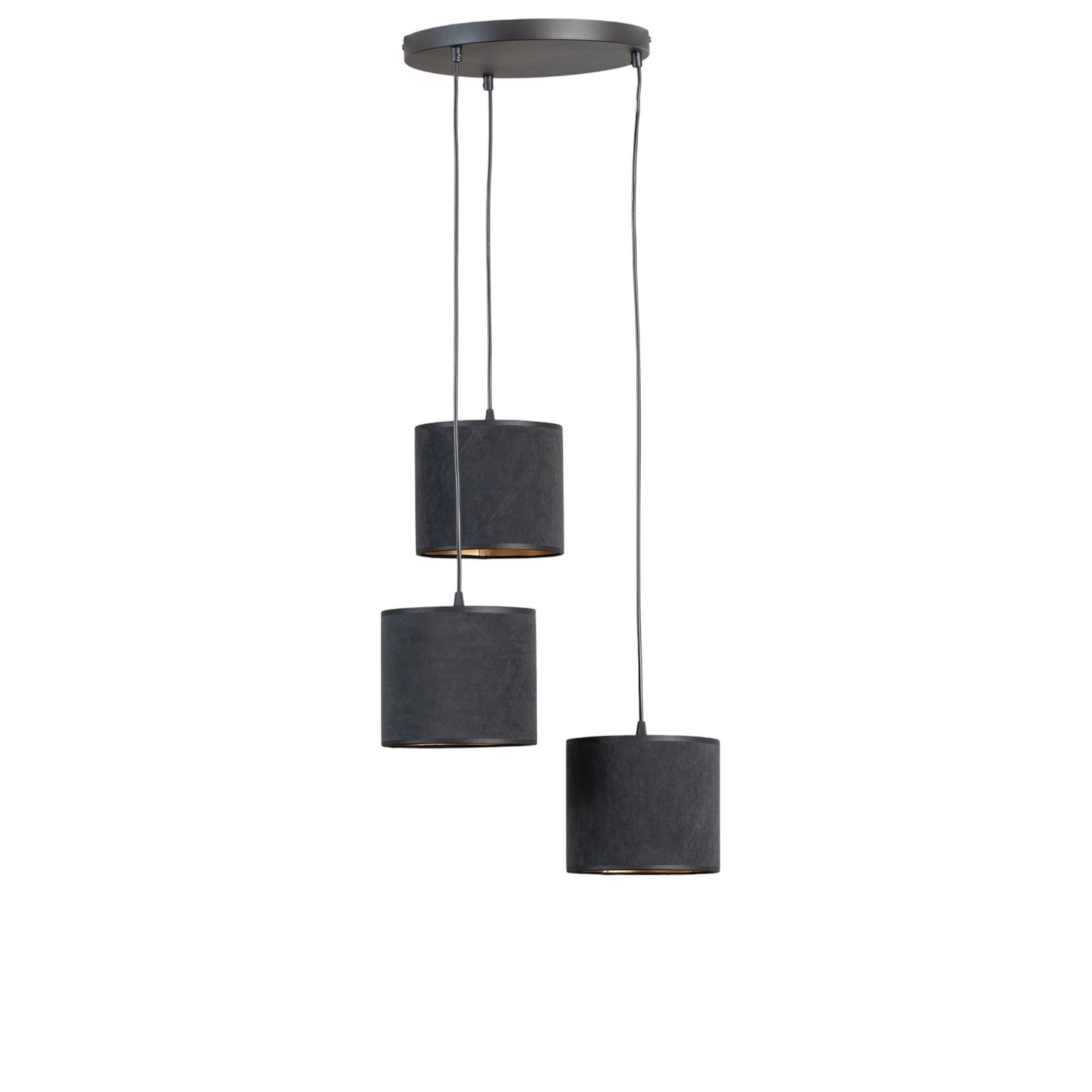 Jari hanging light, fabric shade, 3-bulb, round, black and gold