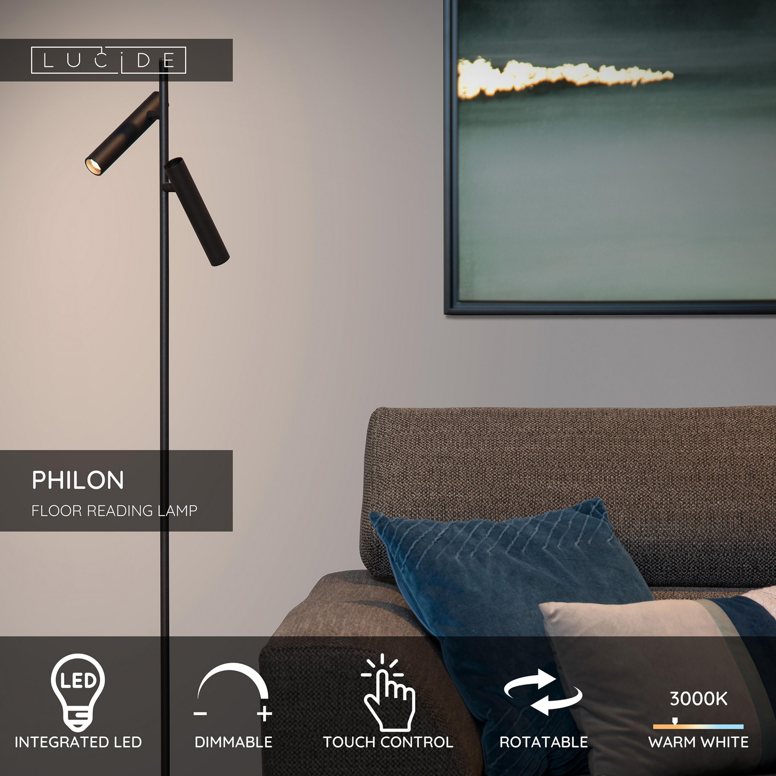 LED vloerlamp PHILON, zwart, 2-lamps, hoogte 140 cm, metaal LED vloerlamp PHILON, zwart, 2-lamps, hoogte 140 cm, metaal