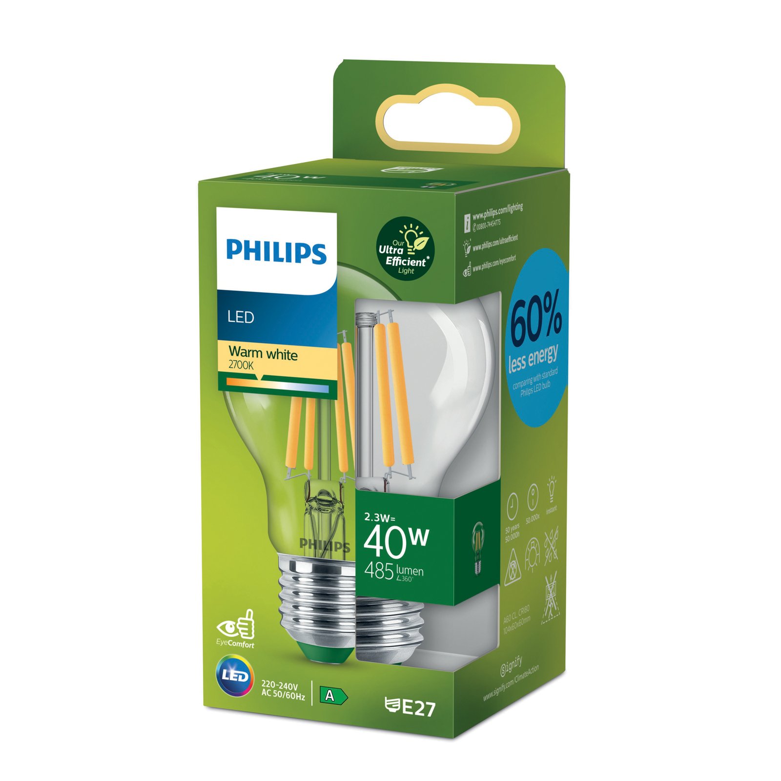 Philips E27 Lamp A60 2.3W 485lm 2,700K clear