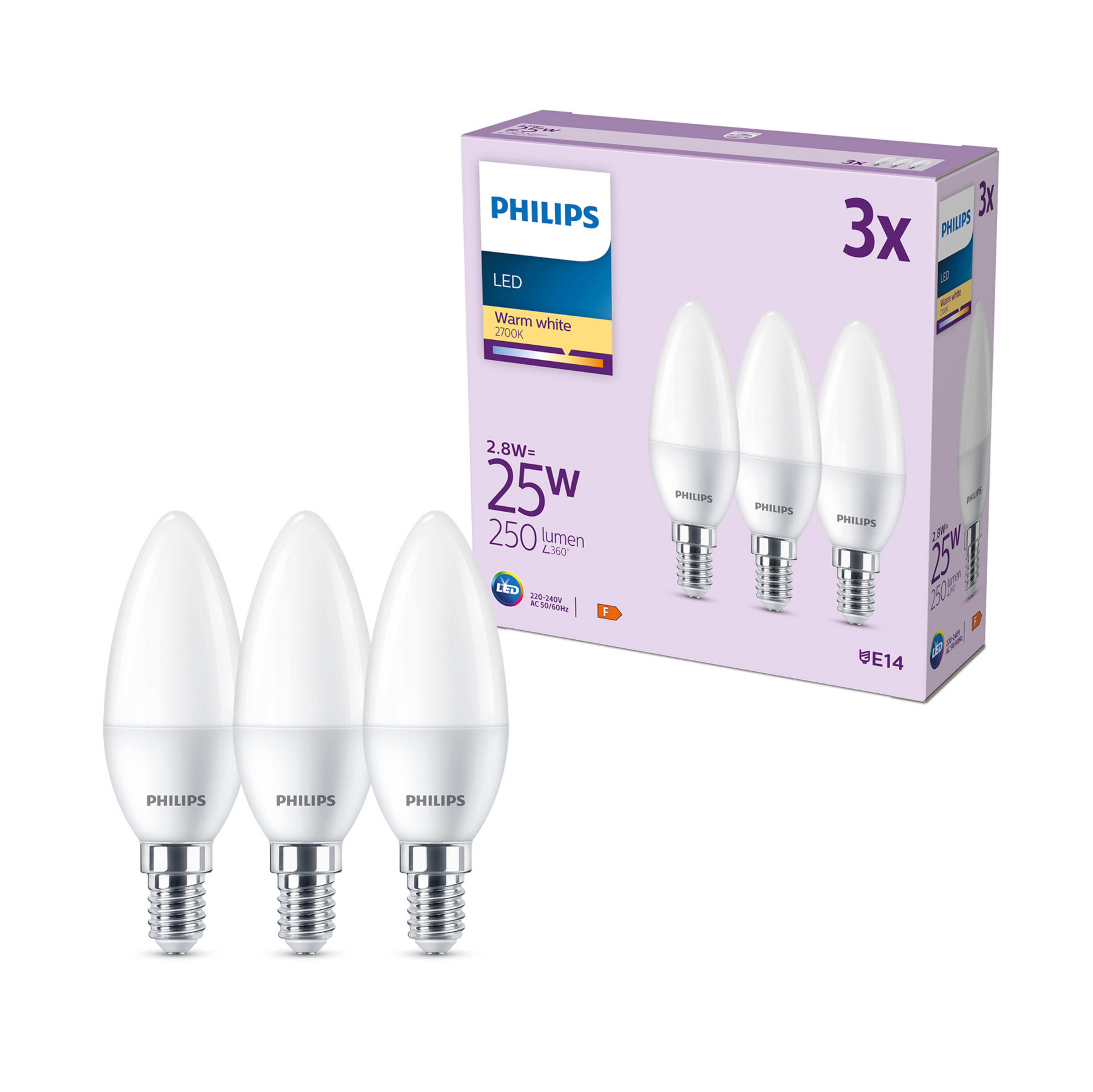 Vela LED Philips E14 2,8W 250lm 2.700K mate 3pcs