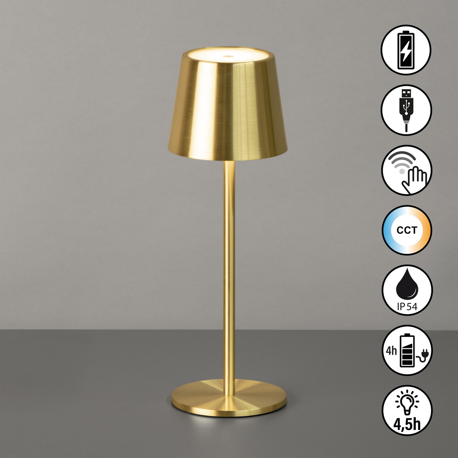LED-Akku-Tischlampe Roxi, messingfarben, Metall, IP54 Dimmer