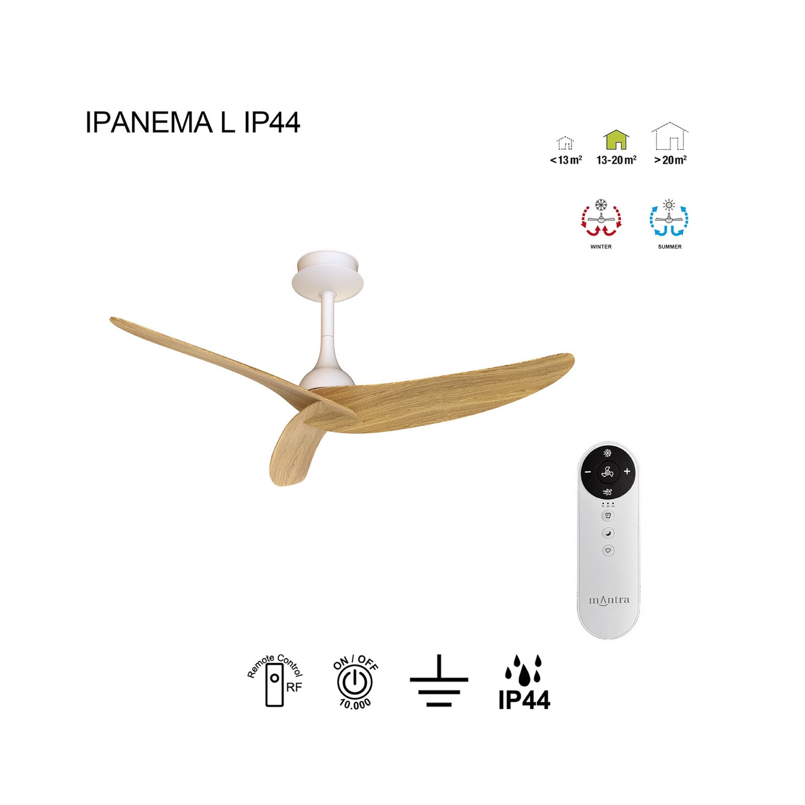 Ventilador de techo Ipanema, blanco/madera, CC, silencioso, control remoto, IP44 Ventilador de techo Ipanema, blanco/madera, CC, silencioso, control remoto, IP44