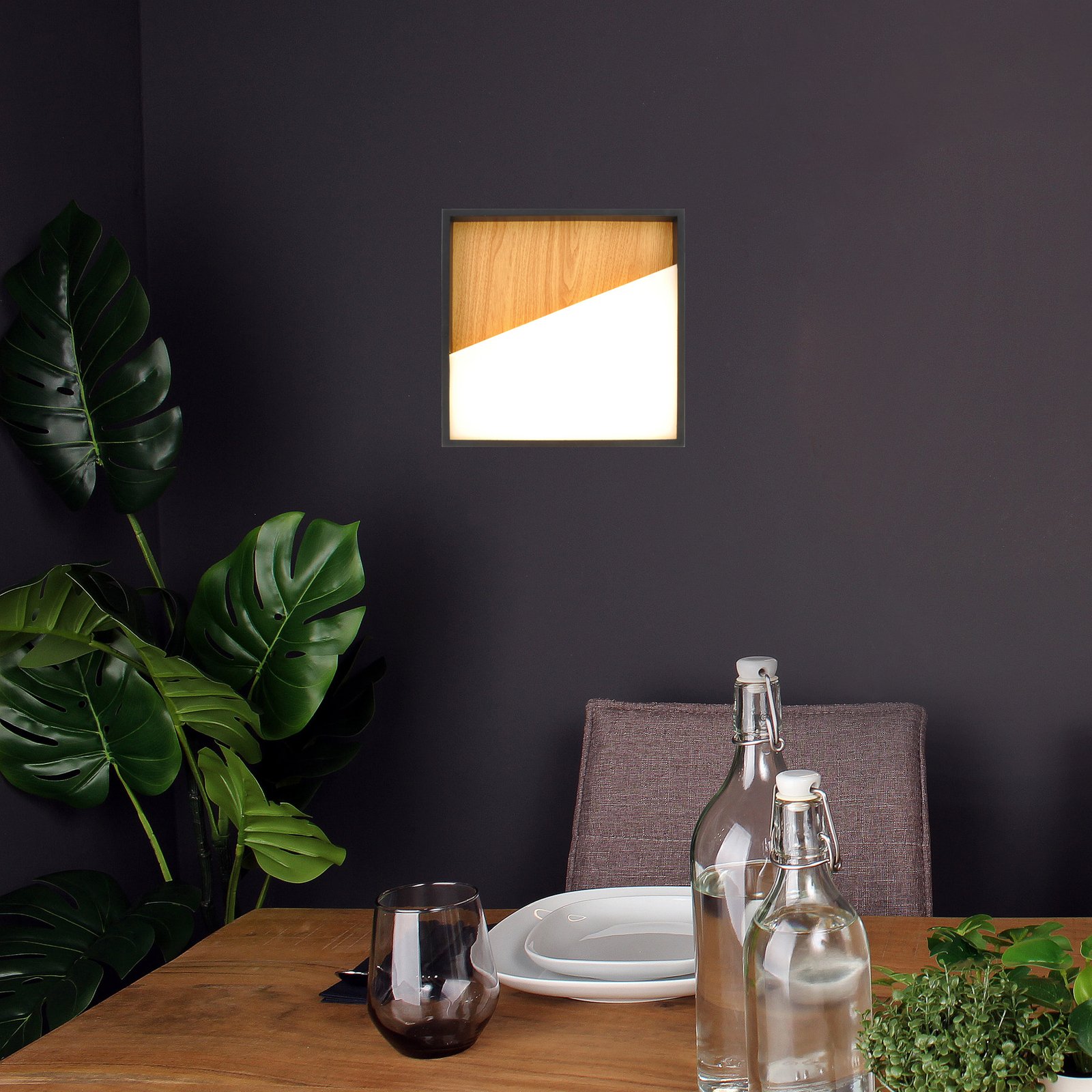 Candeeiro de parede Vista LED, madeira clara/preto, 30 x 30 cm