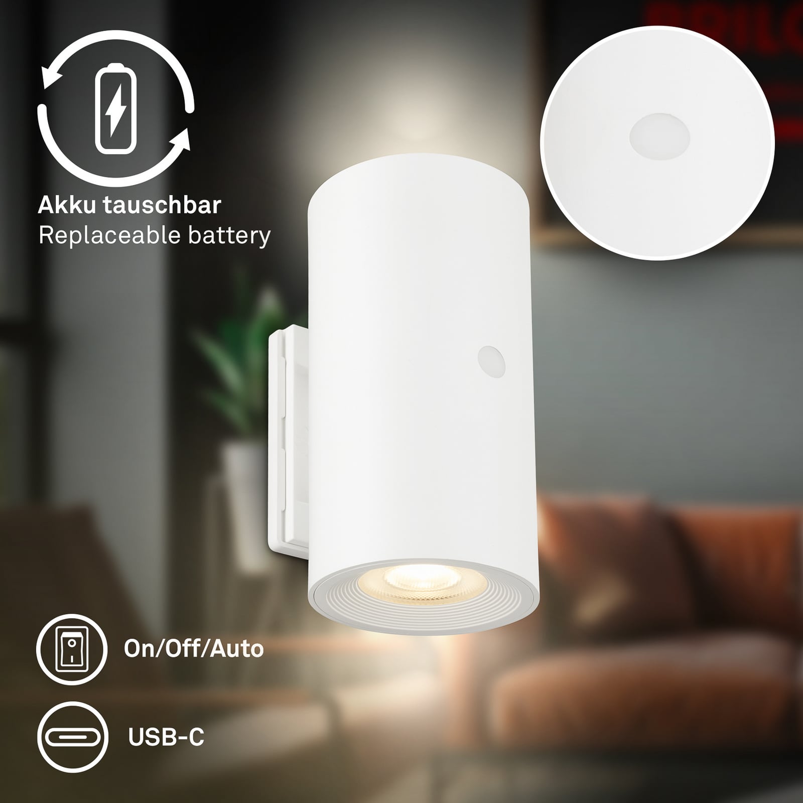 LED akumulátorové nástěnné světlo Isy, matná bílá, plast, 3 000 K