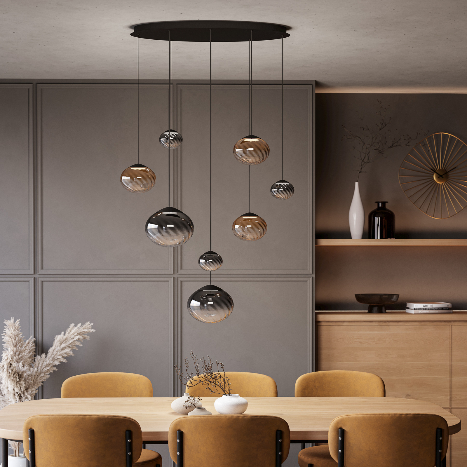 Suspension Pantoja noire/ambre 96 cm, à 8 lampes - Stars of Light