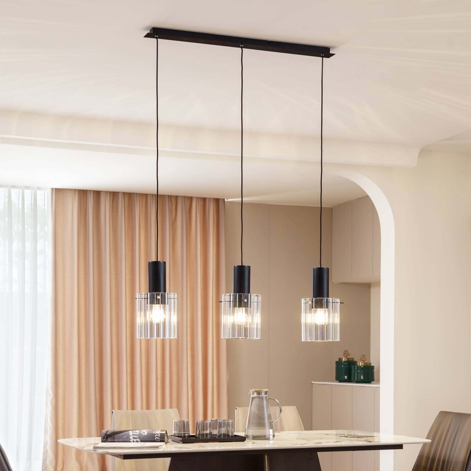 Lucande hanglamp Eirian, 90 cm, 3-lamps, zwart, glas