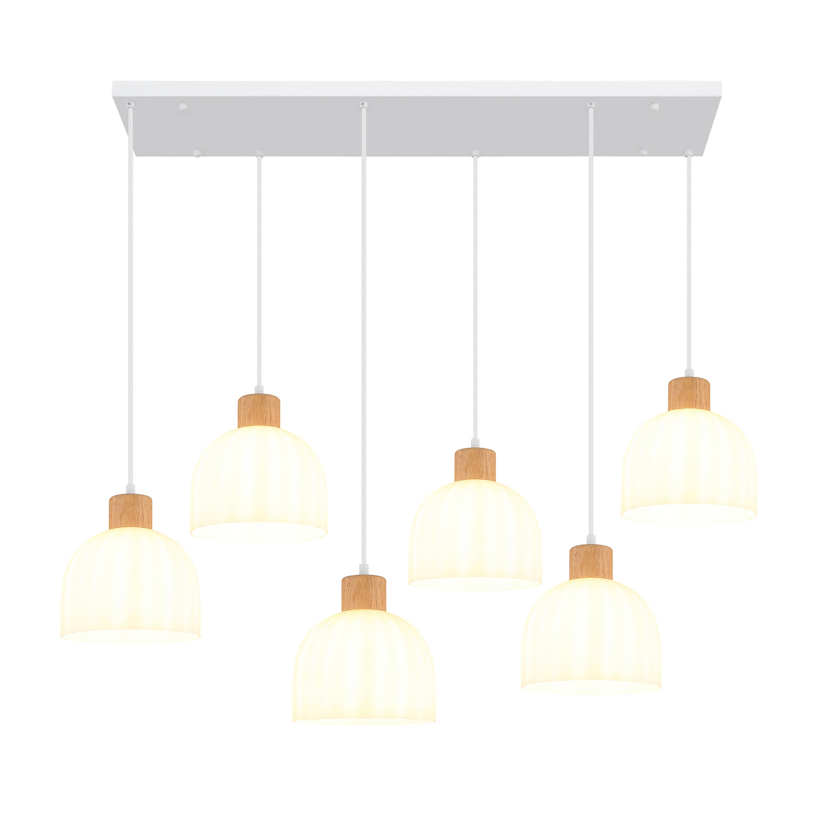 Lampă suspendată Swanson, lungime 105 cm, alb/maro, metal/lemn, 6 becuri Lampă suspendată Swanson, lungime 105 cm, alb/maro, metal/lemn, 6 becuri