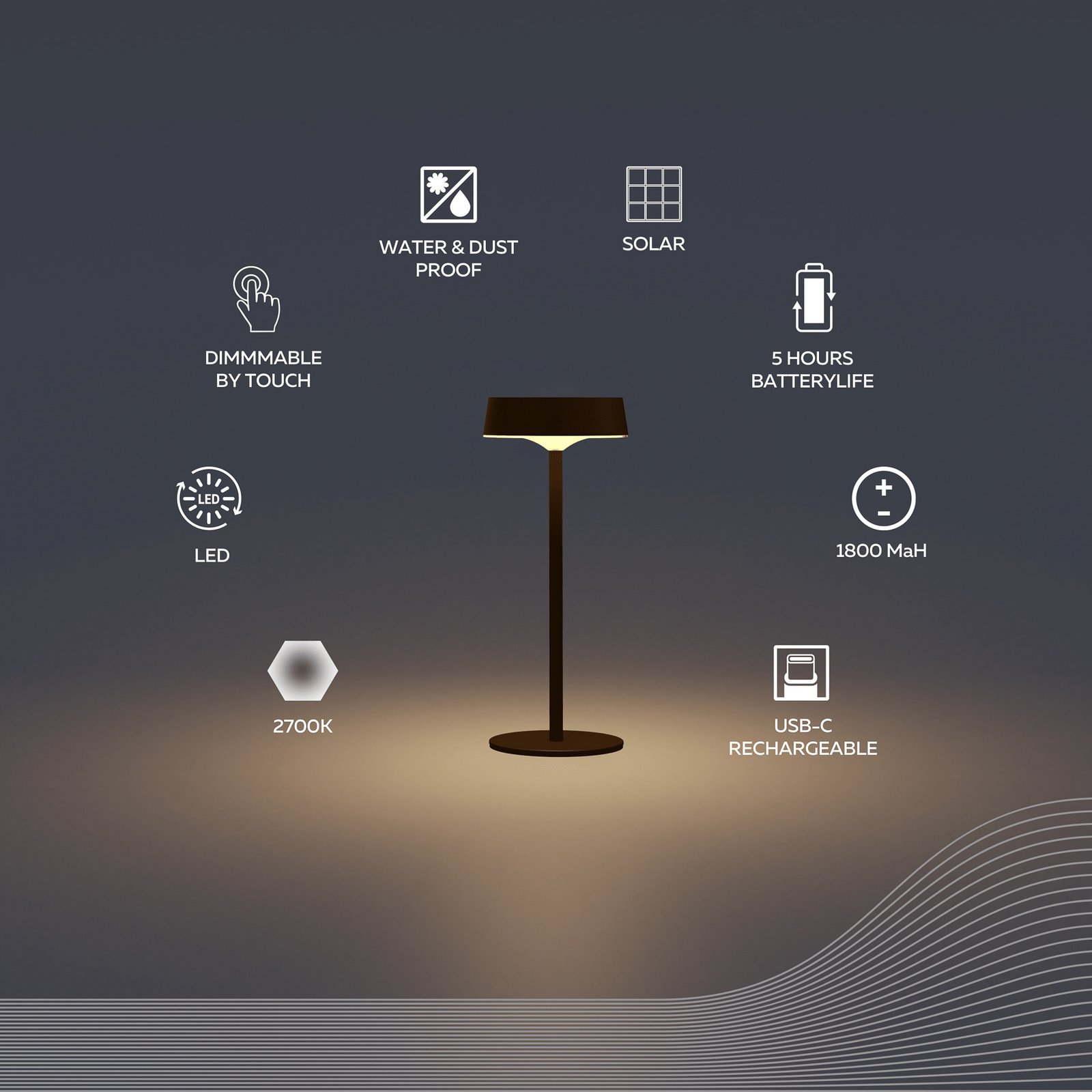 Calex LED-aurinkoakkuinen pöytävalaisin Parma, himmennettävä, musta