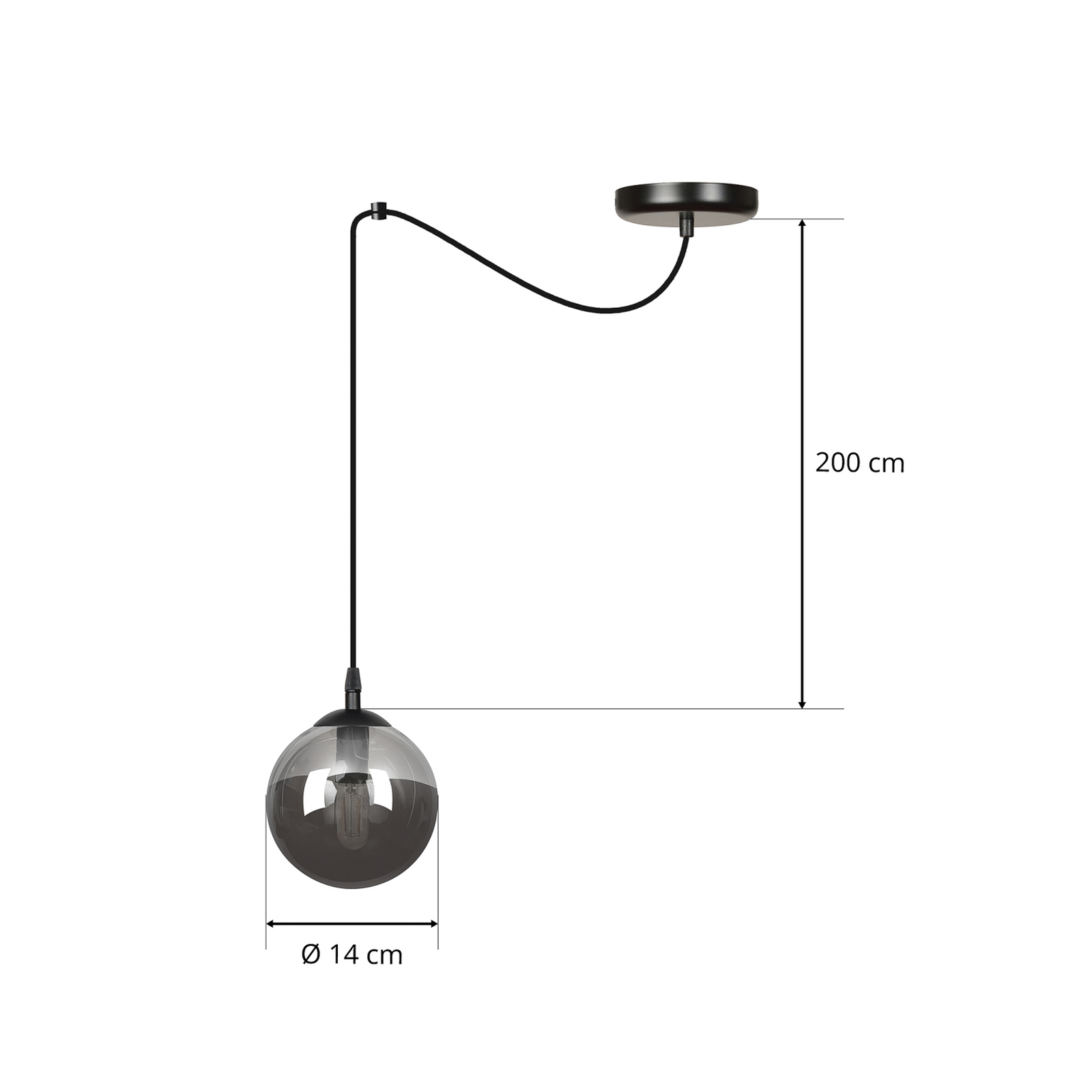 Glassy pendant light, decentralised, black, graphite, glass, 14cm