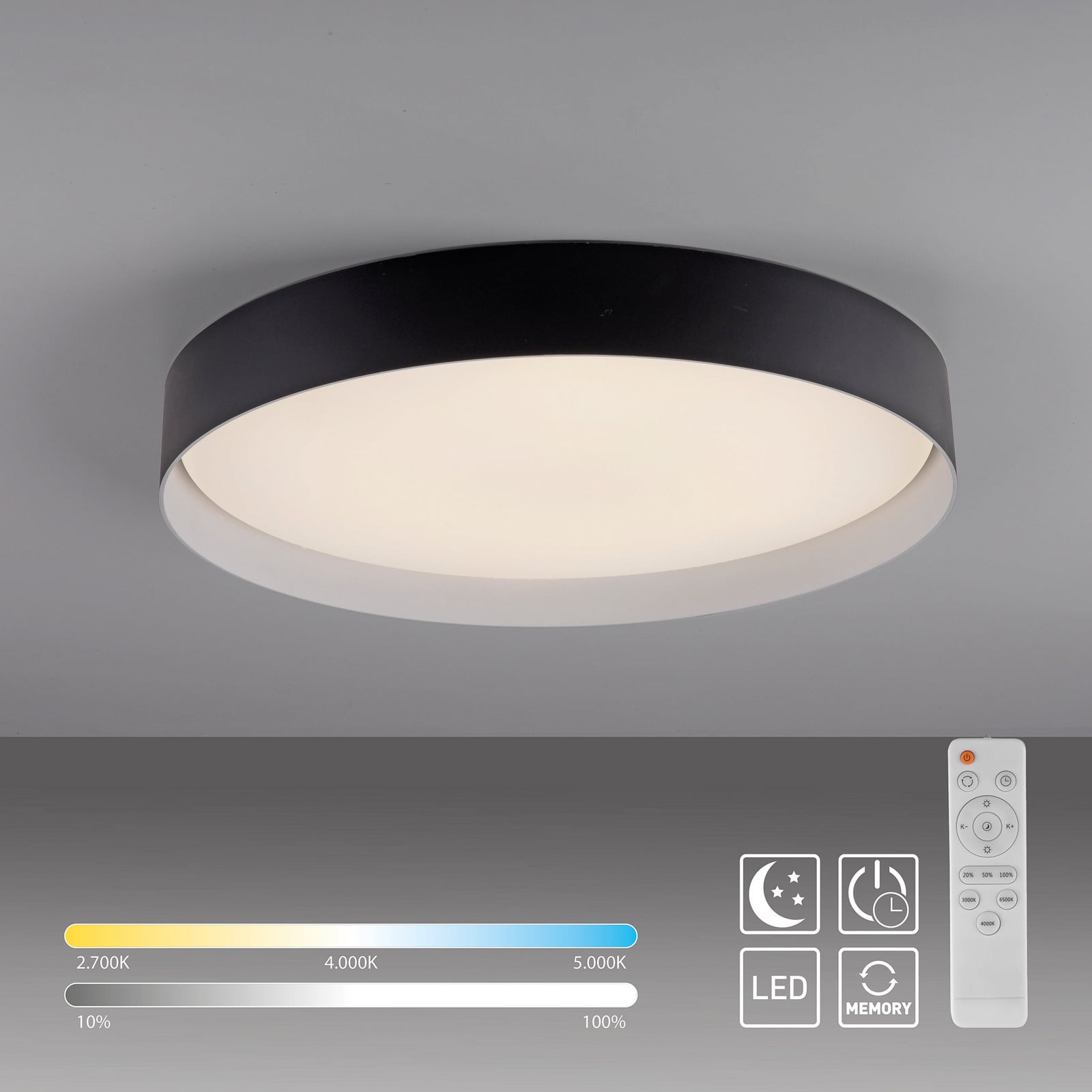 LED lubinis šviestuvas „TAVOLI“, juodos spalvos, skersmuo 49 cm, metalas, CCT,