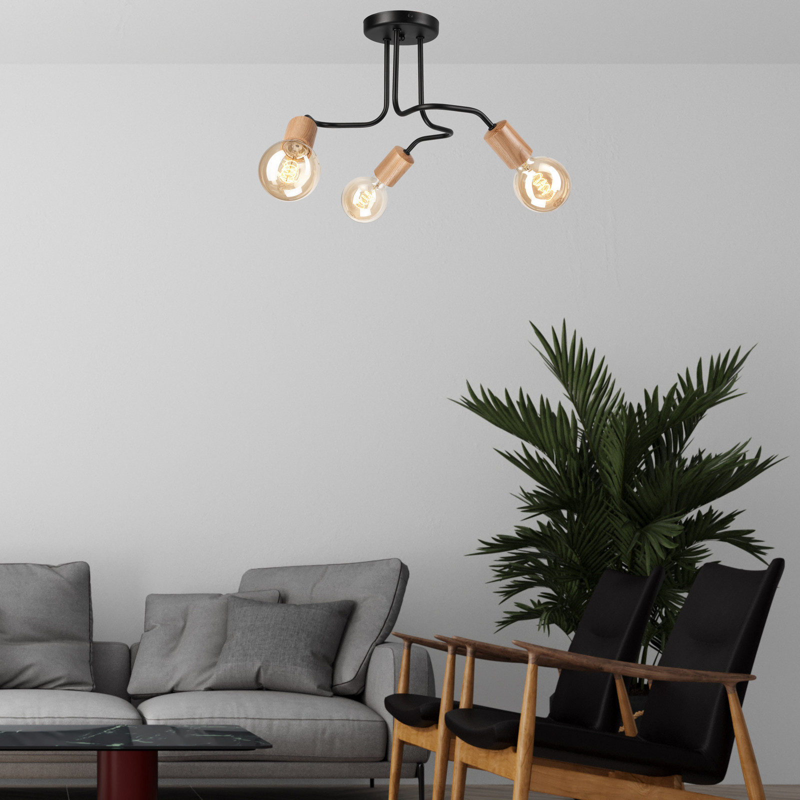 Envostar Joiy plafon cu 3 lumini distribuite negru/lemn - Camera de zi / sufragerie - Modern - negru lemn deschis - Metal