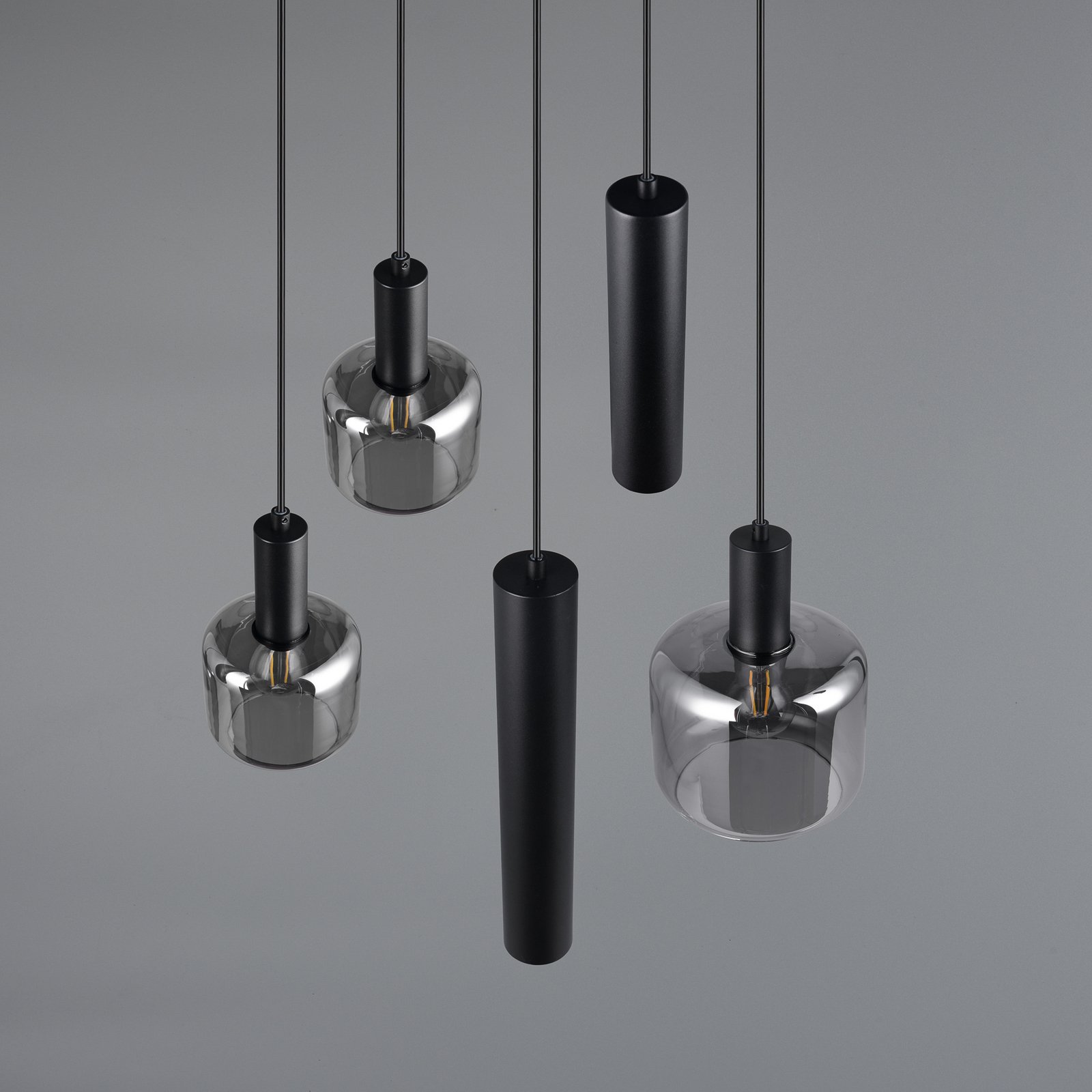 Suspension Mataro, chrome/noir, Ø 55 cm 5 lampes verre/métal