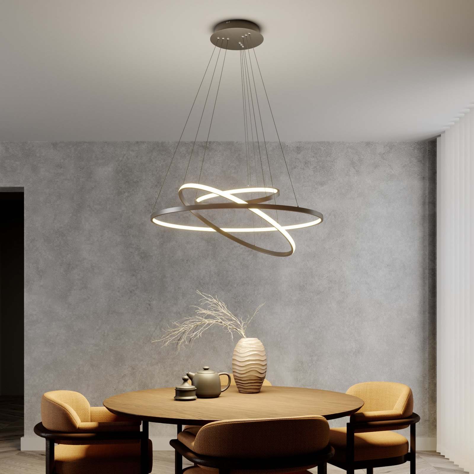 Lucande Ezana LED pendant lamp with three rings, nickel, for Living / Dining Room, metal, plastic, 53 W, energy efficiency: A+, H: 80 cm