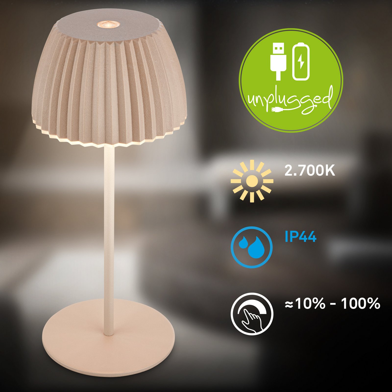 Lampa stołowa LED Brilo unplugged Riffle, 20 cm, beżowa