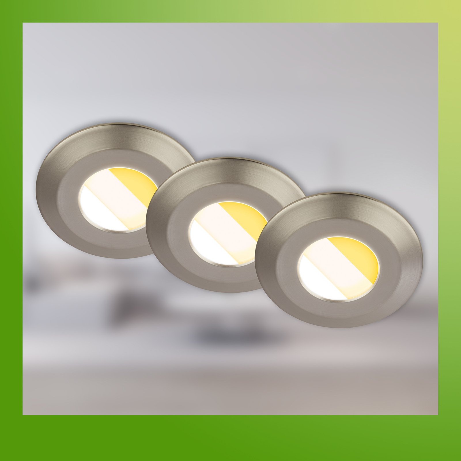 LED-Einbauleuchte Klira, nickel, Ø9cm, IP44, dimmbar, 3er