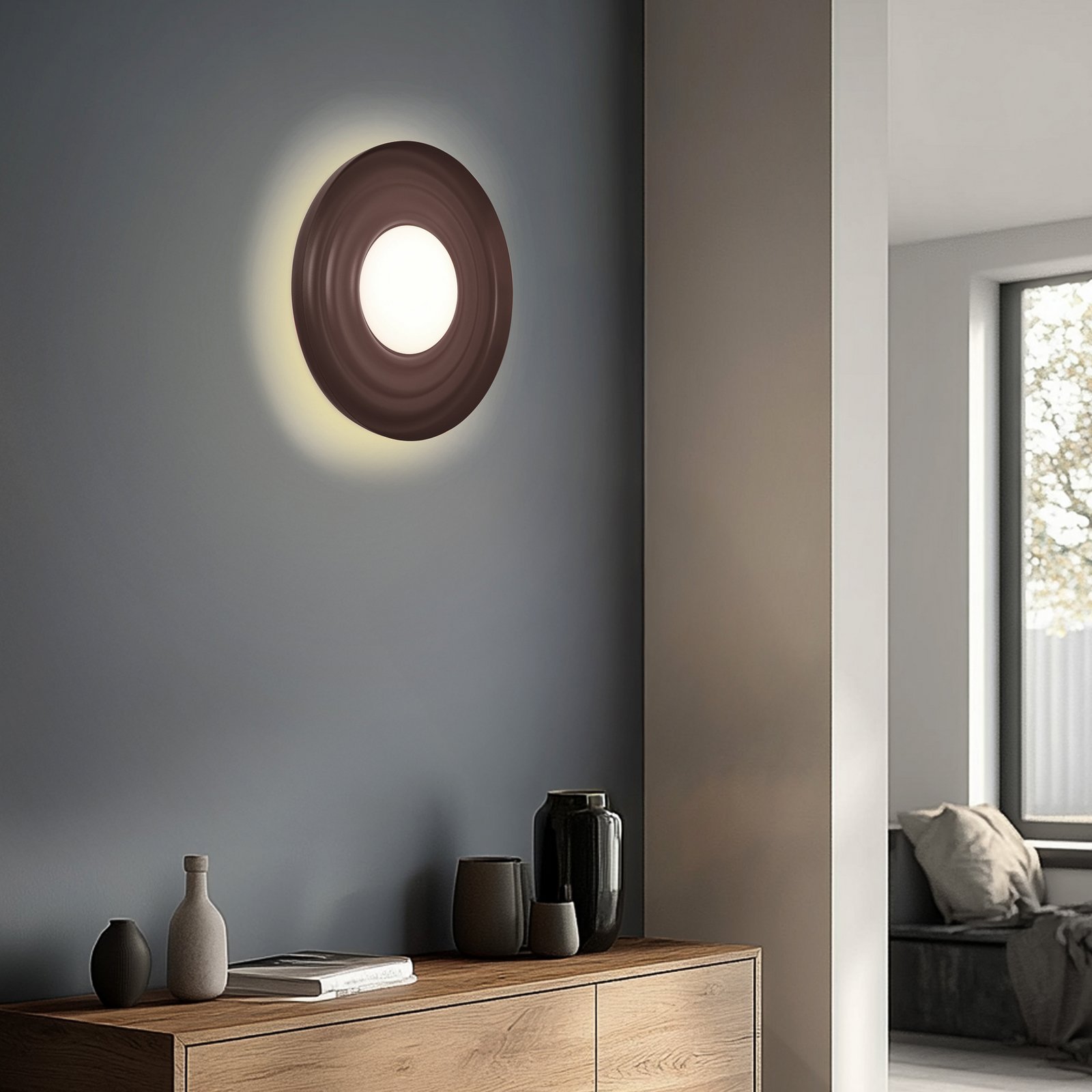 Lindby LED wandlamp Waves, metaal, bruin, rond, Ø 43 cm