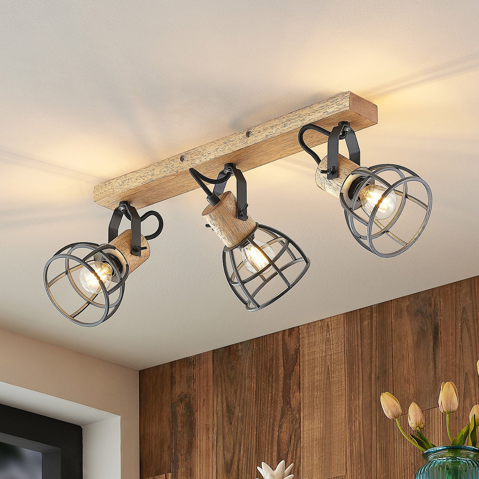 Flintos 3 Kattovalaisin Wood/Black - Lindby