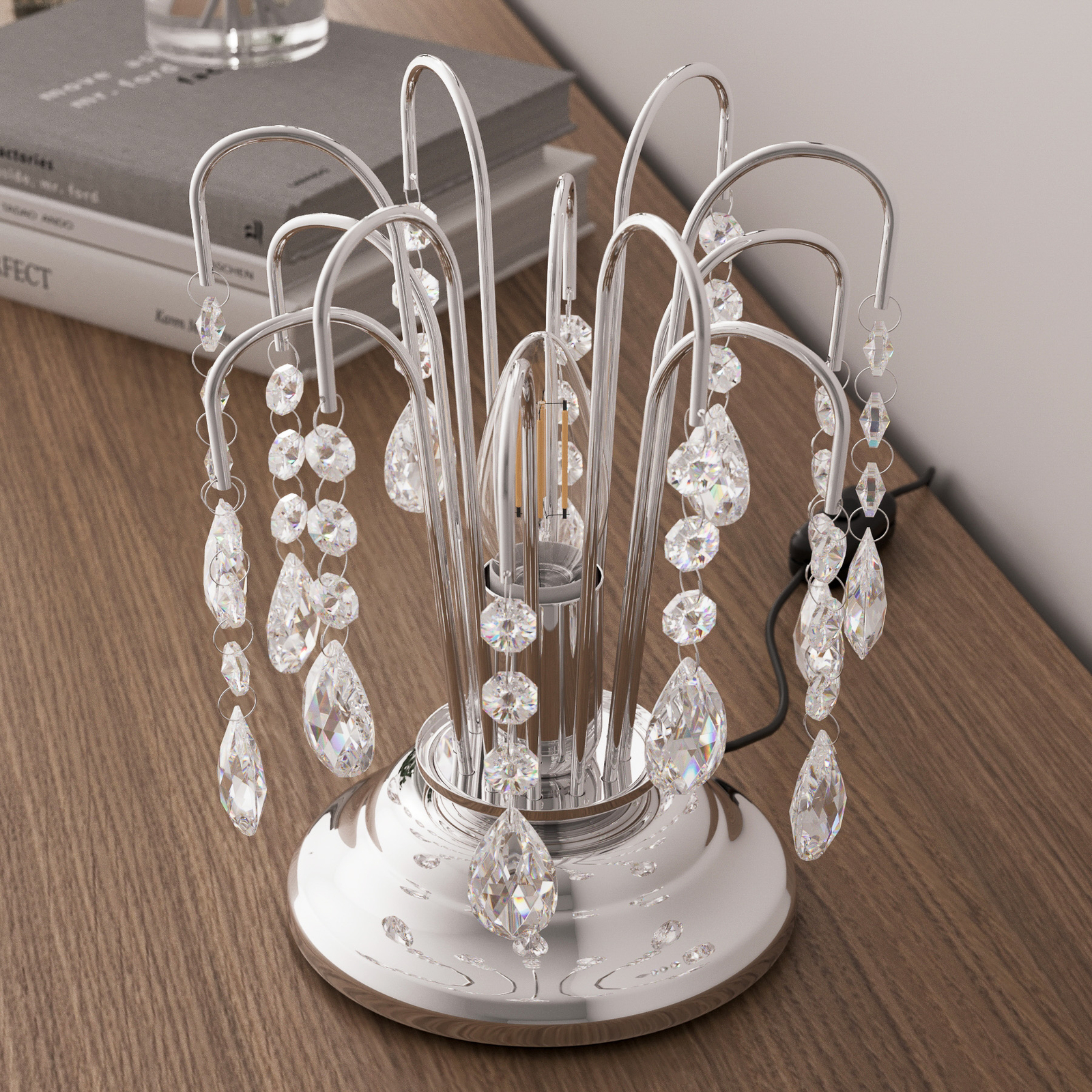 Lampe de table Pioggia avec pluie de cristaux, 26cm, chrome