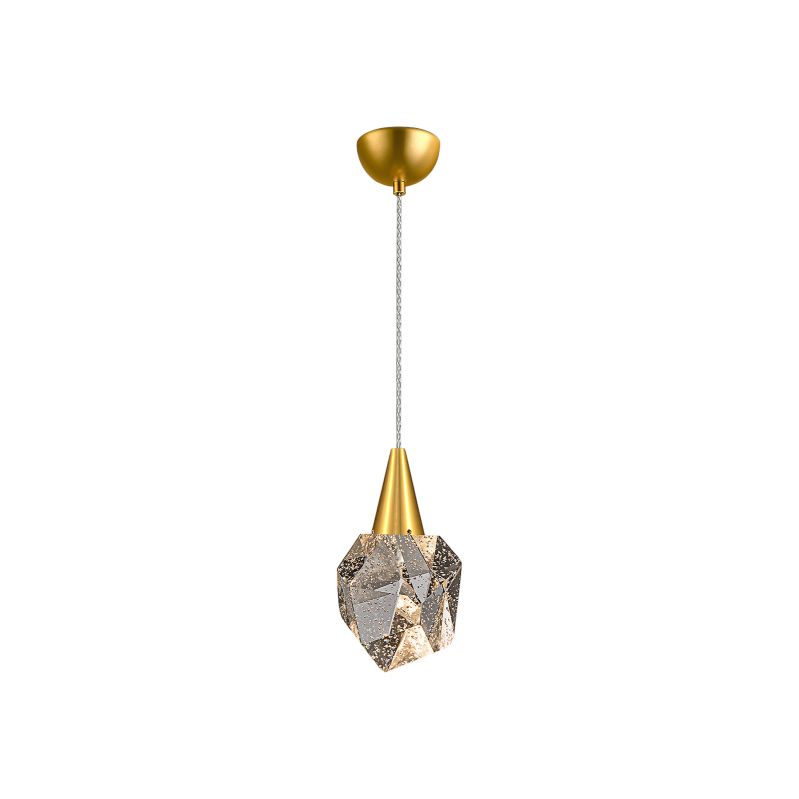 Lampada a sospensione Aquaria LED, vetro trasparente, oro, poliedrico