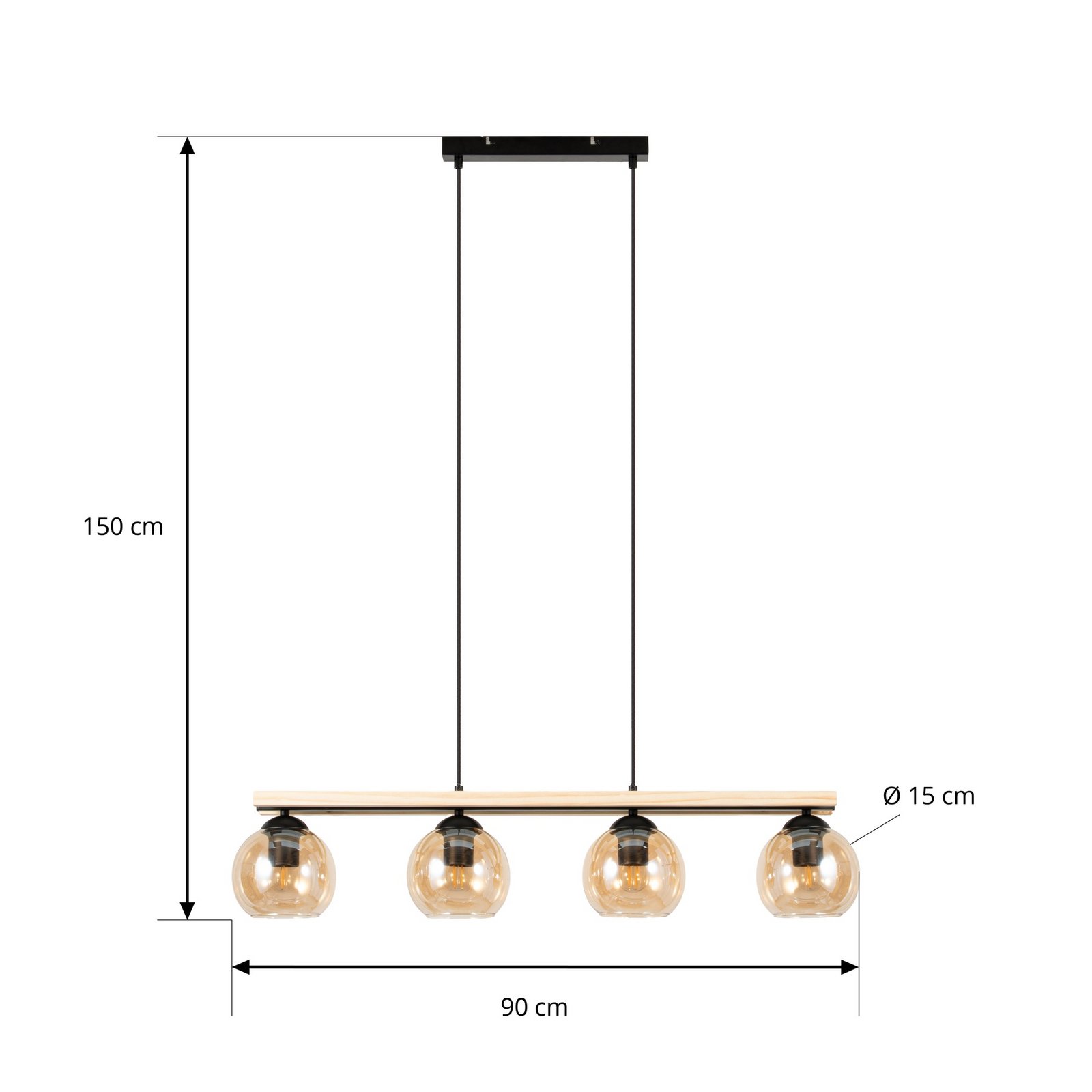 Lindby hanglamp Enrique, amber, 4-lamps, glas, hout, E27 Lindby hanglamp Enrique, amber, 4-lamps, glas, hout, E27