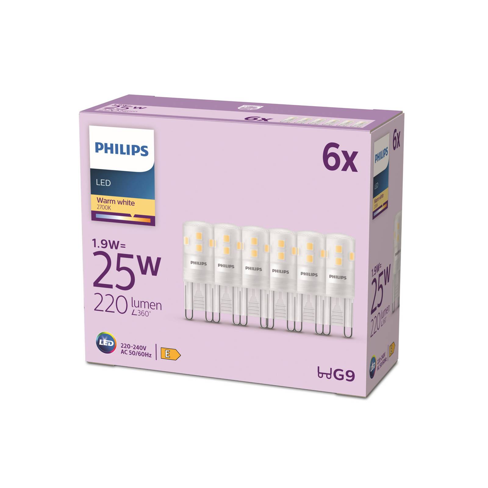 Philips LED-Stiftsockellampe G9 1,9W 220lm 2700K matt 6er