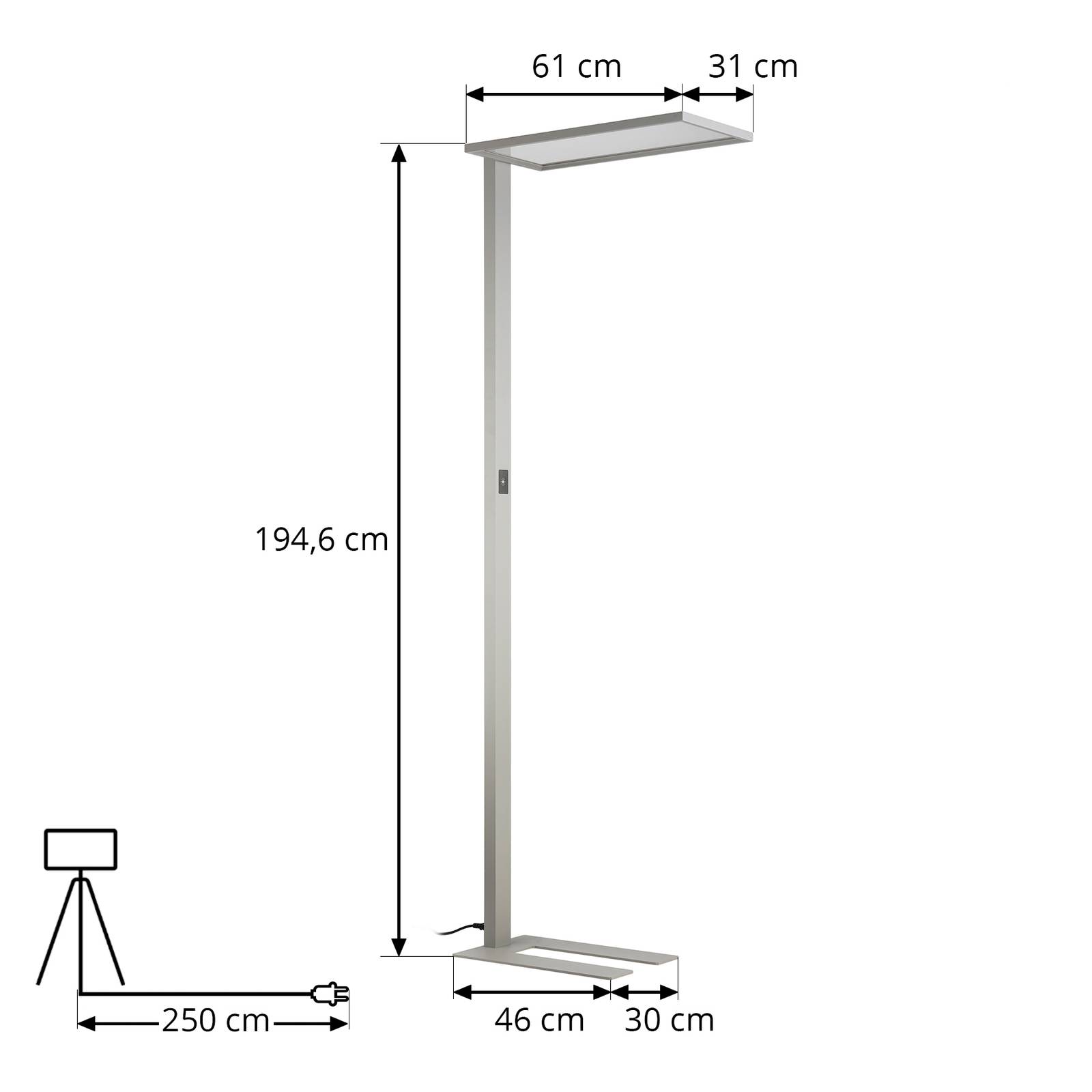 Lampa stojąca biurowa LED Taronis, srebrna, 195 cm, ściemniana