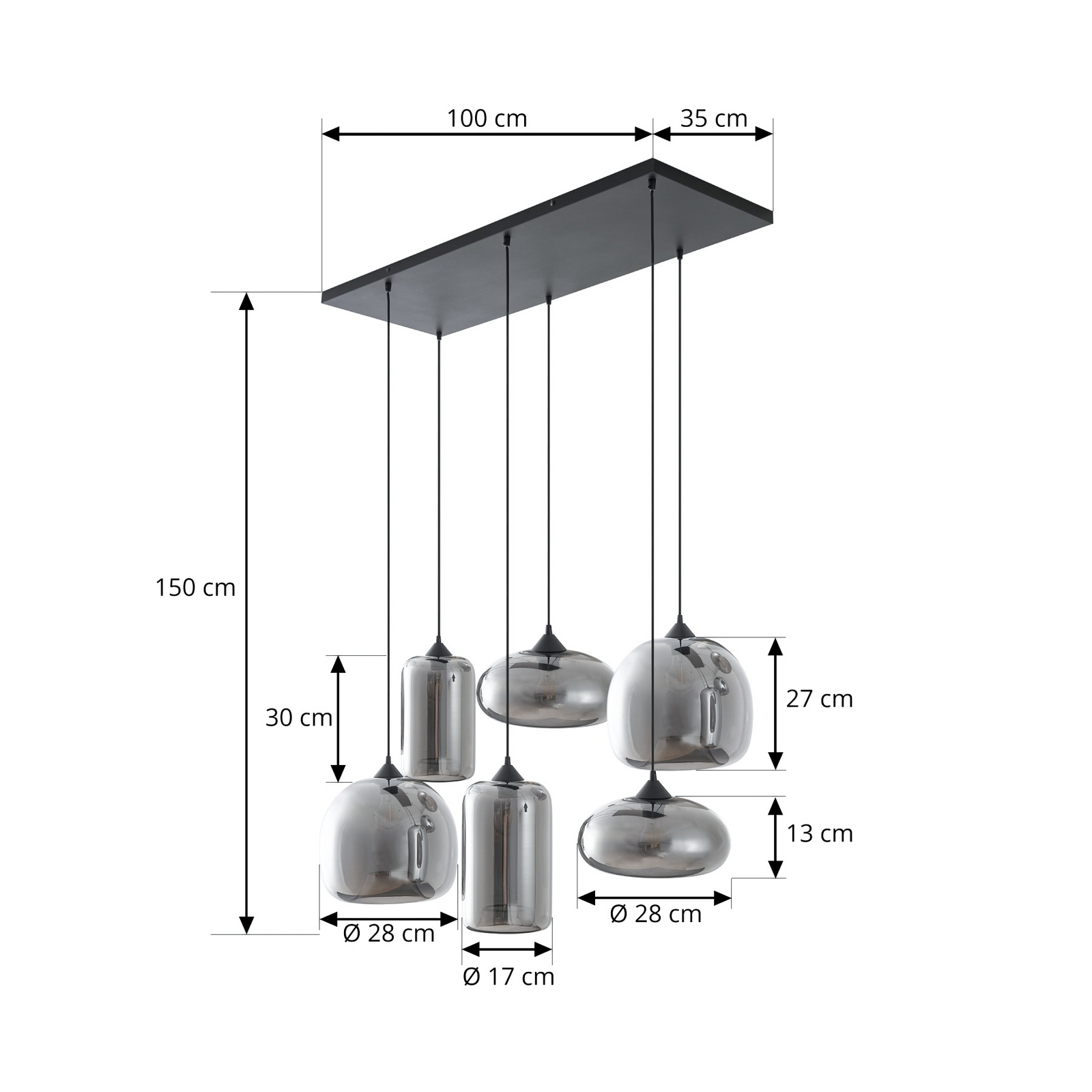 Lindby Hängeleuchte Marla, 6-flammig, Glas, rauchgrau