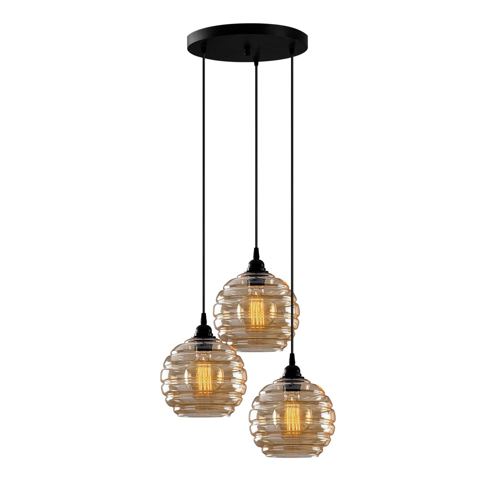 Suspension Gold 011, verre transparent doré, 3 lampes rondes