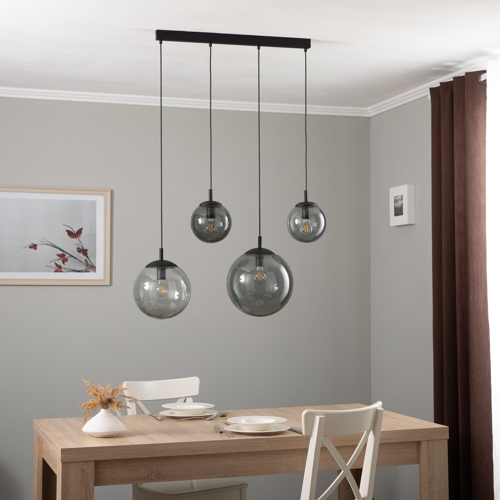 Hanglamp Esme, glas, grafiet-transparant, 4-lamps, lineair