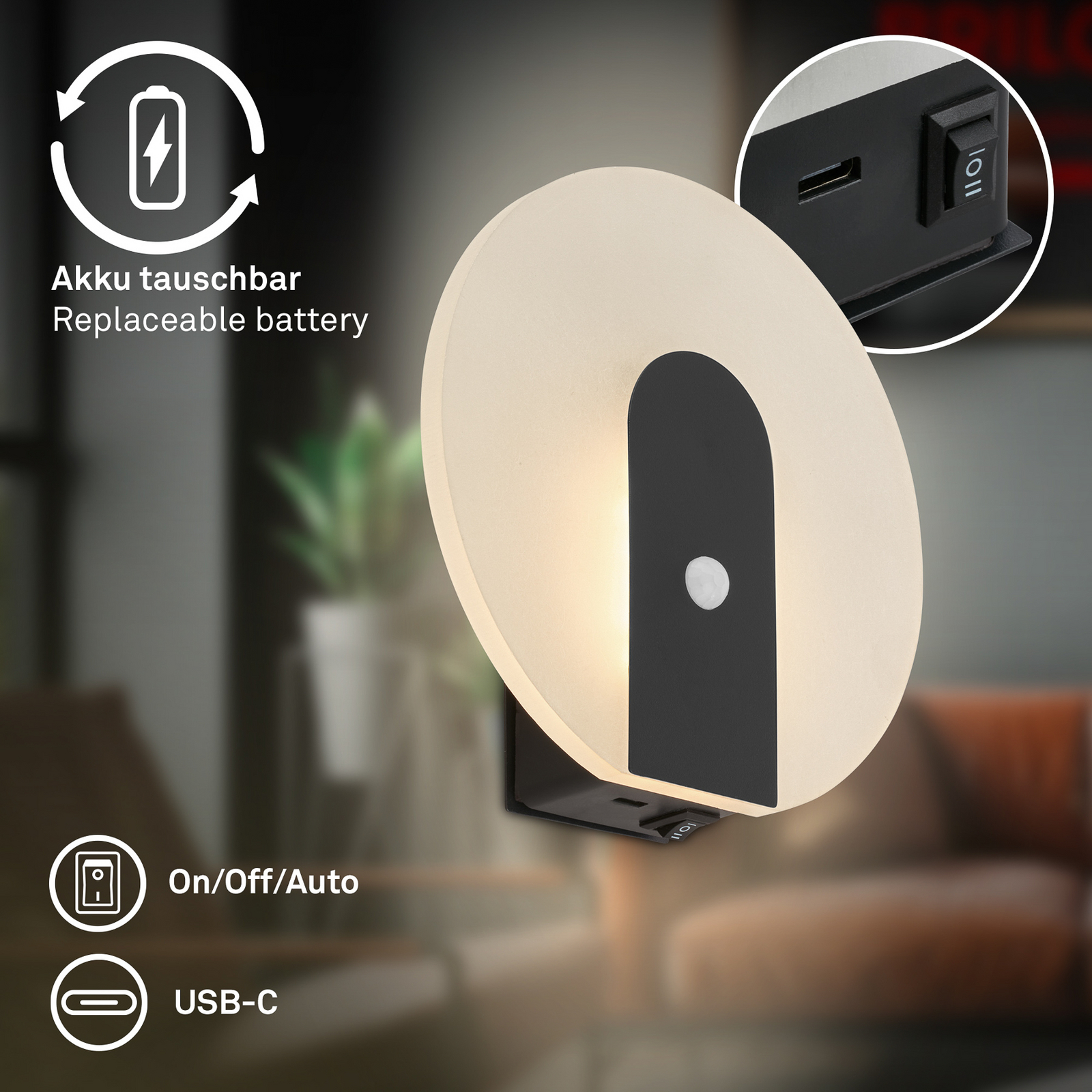 Candeeiro de parede LED recarregável Taro, preto mate, Ø 15 cm, sensor