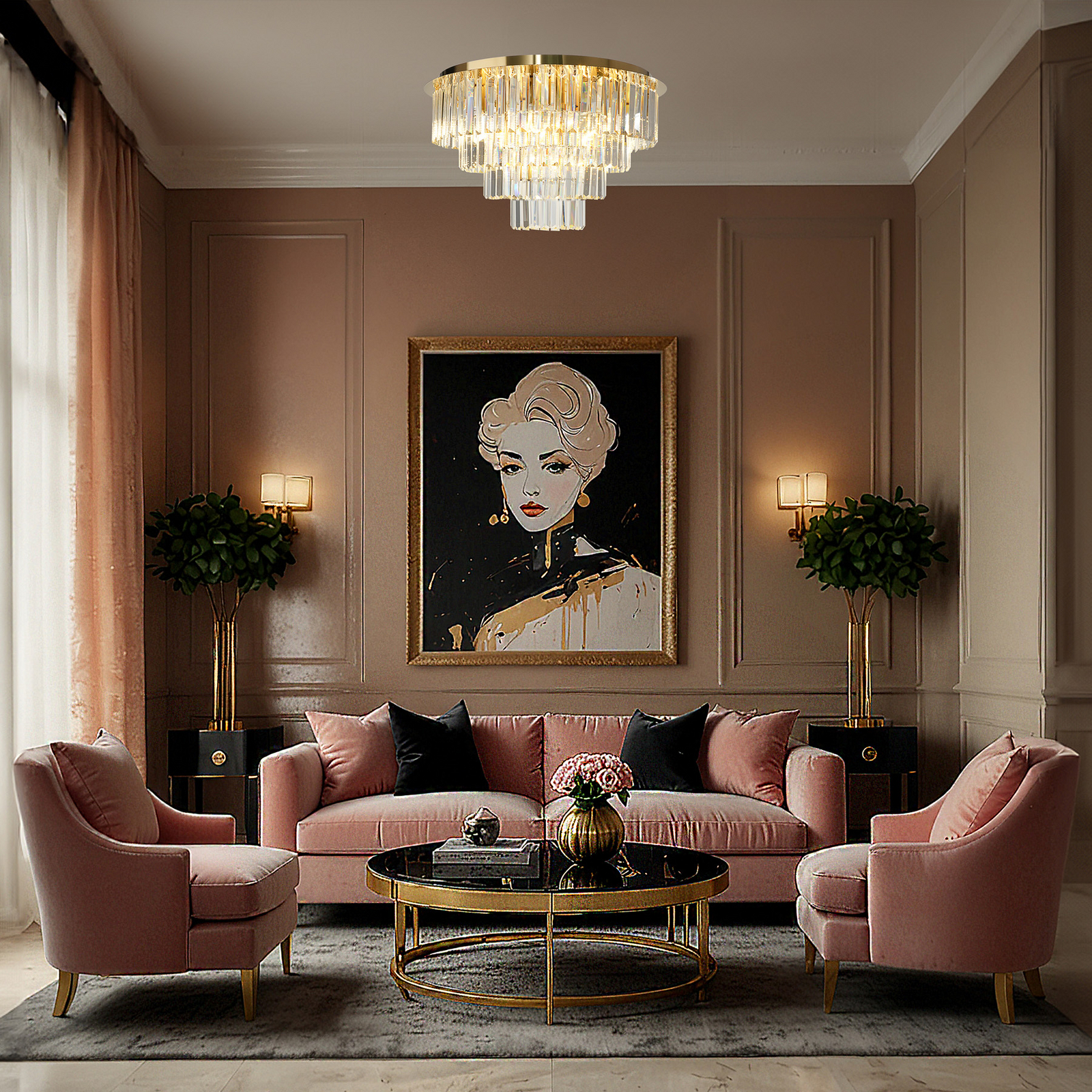 Milano ceiling light, Ø 60 cm, gold/crystal, glass, 9 x E14