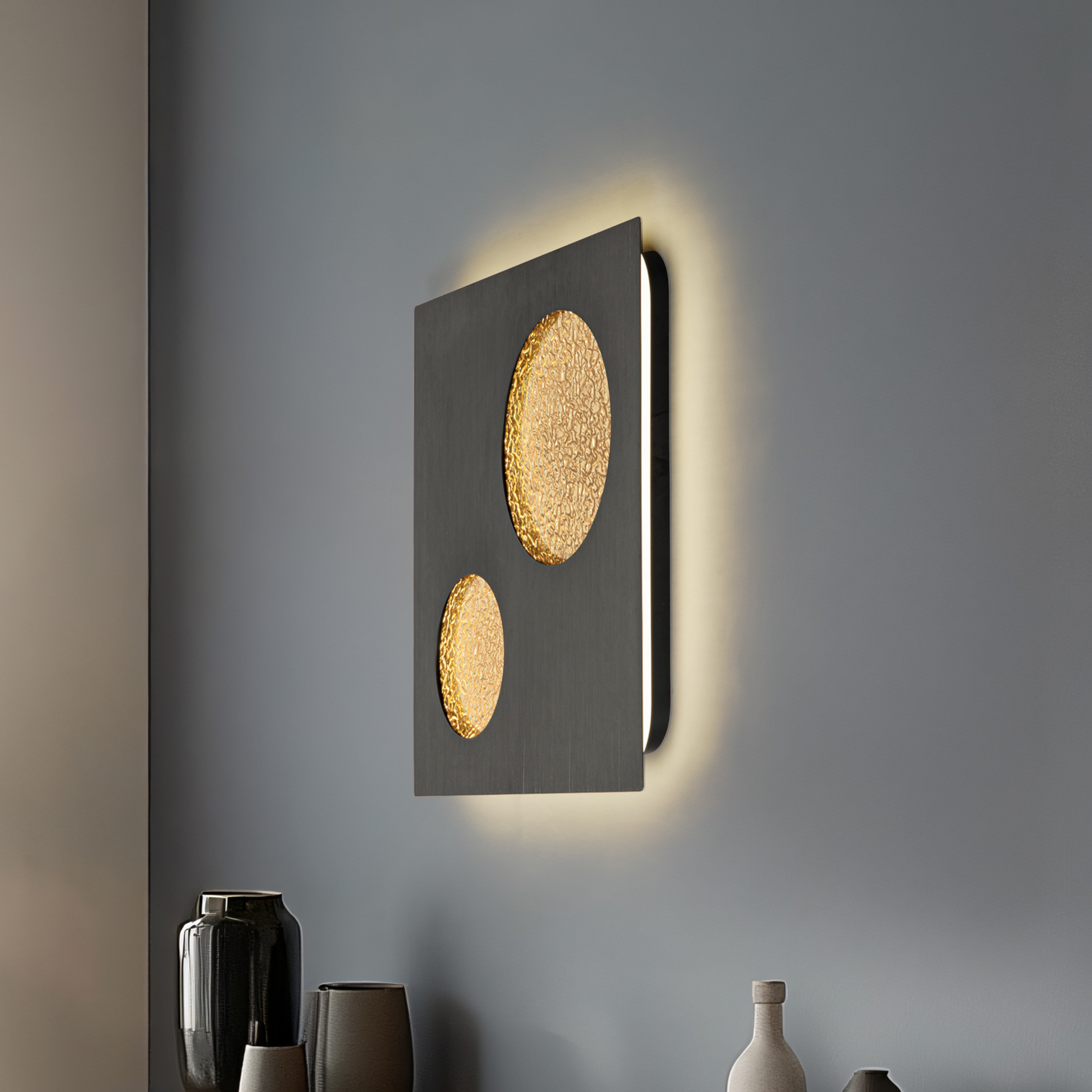 Applique murale LED Lucande Delin, gris/or, 55 x 55 cm, step-dim